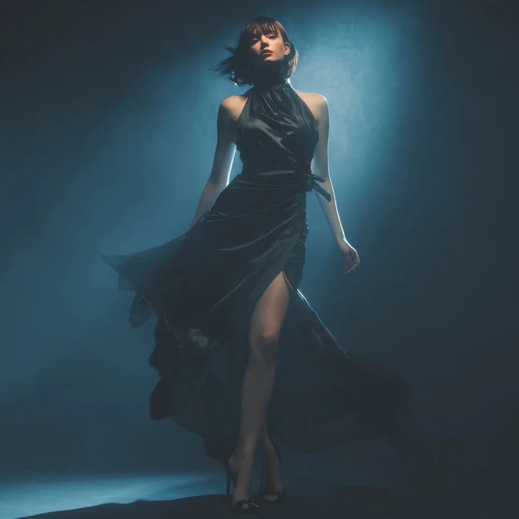 A photorealistic fashion model in a black silk dress captured with dramatic cinematic chiaroscuro lighting.