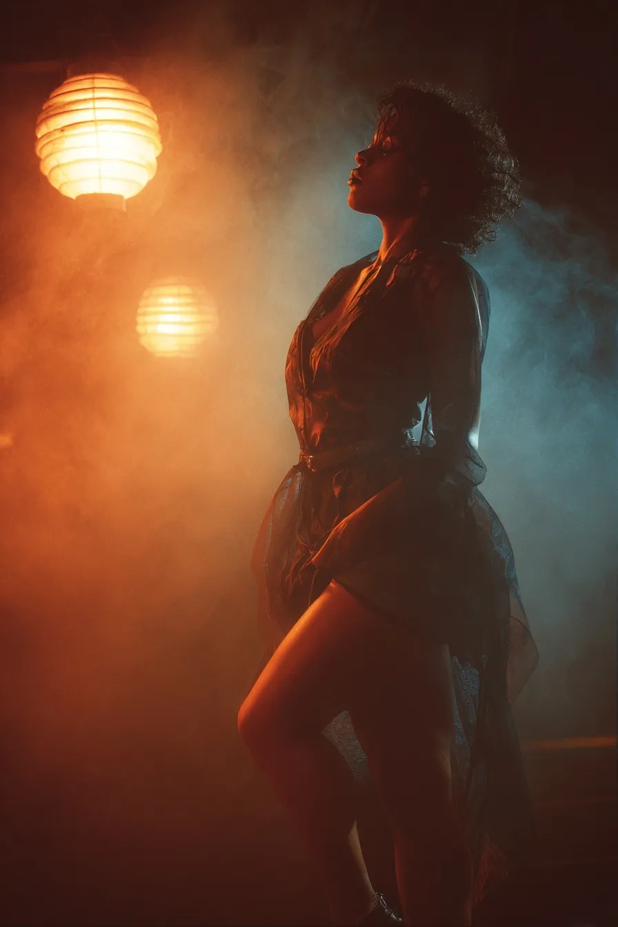Full-body portrait of a 41-year-old actress in chiaroscuro lighting on an Orlando theater stage.