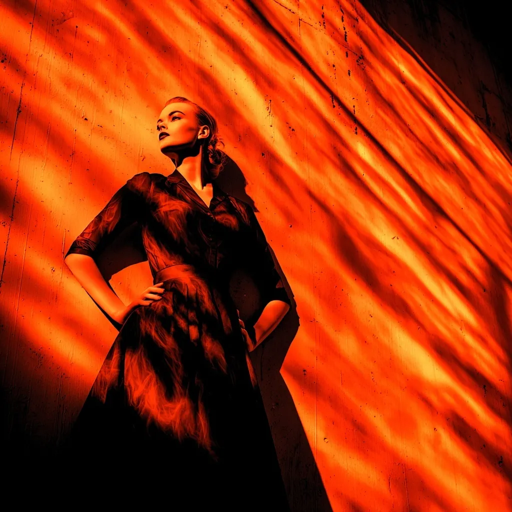 A model wearing an elegant dress made of flame and shadow patterns, captured in dramatic chiaroscuro lighting.