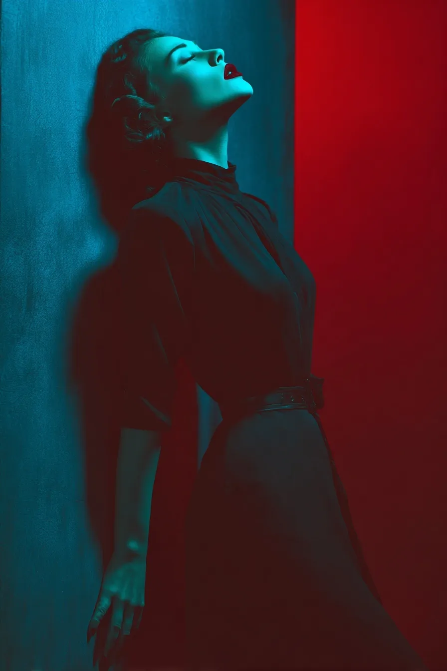 A stylish vampire woman posing in chiaroscuro lighting, leaning against a wall with a dramatic noir aesthetic.
