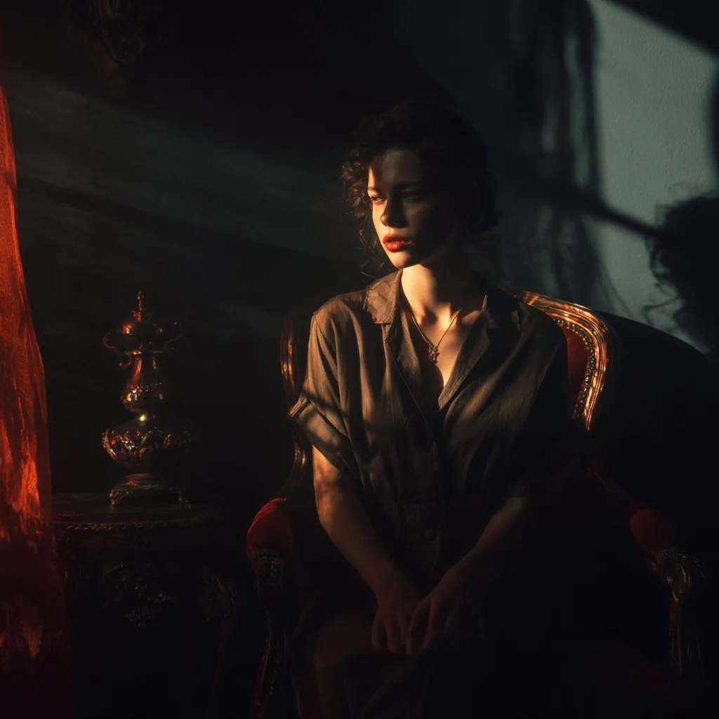 A professional portrait of a model captured with dramatic chiaroscuro lighting and deep shadows.