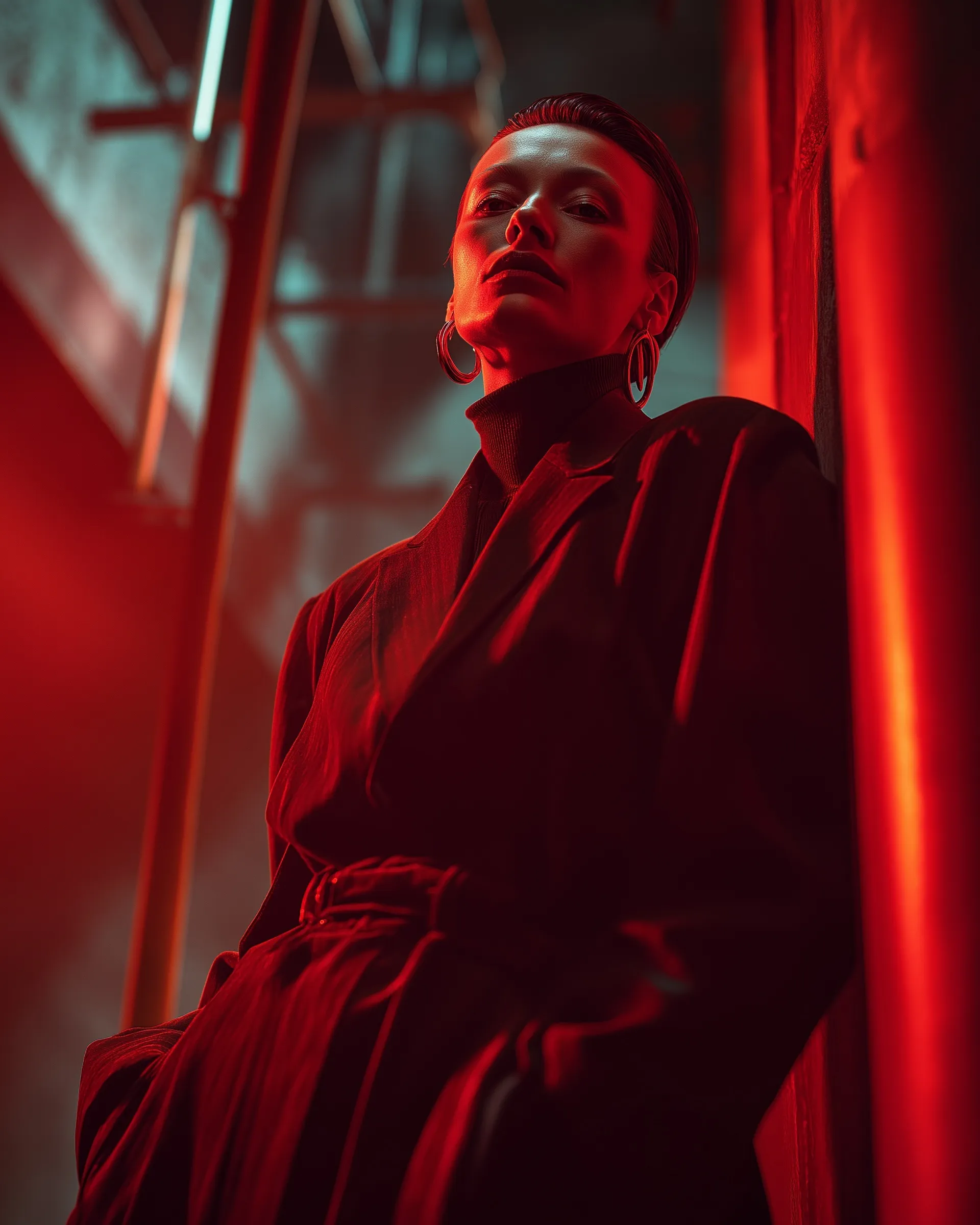 Confident woman in avant-garde fashion posing in an industrial factory with dramatic red chiaroscuro lighting.