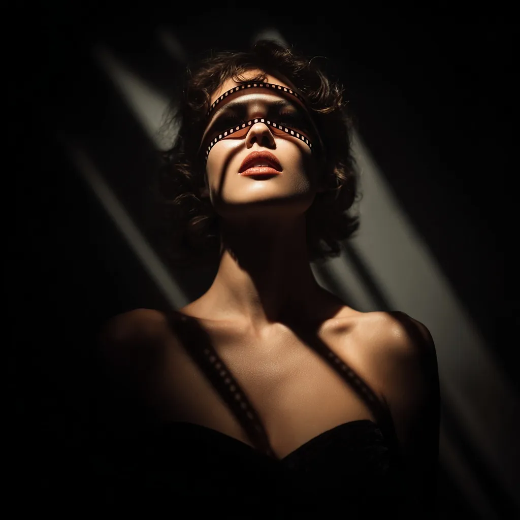 Brunette Italian model with cinematic film strip covering face, lit by dramatic chiaroscuro studio spotlight.