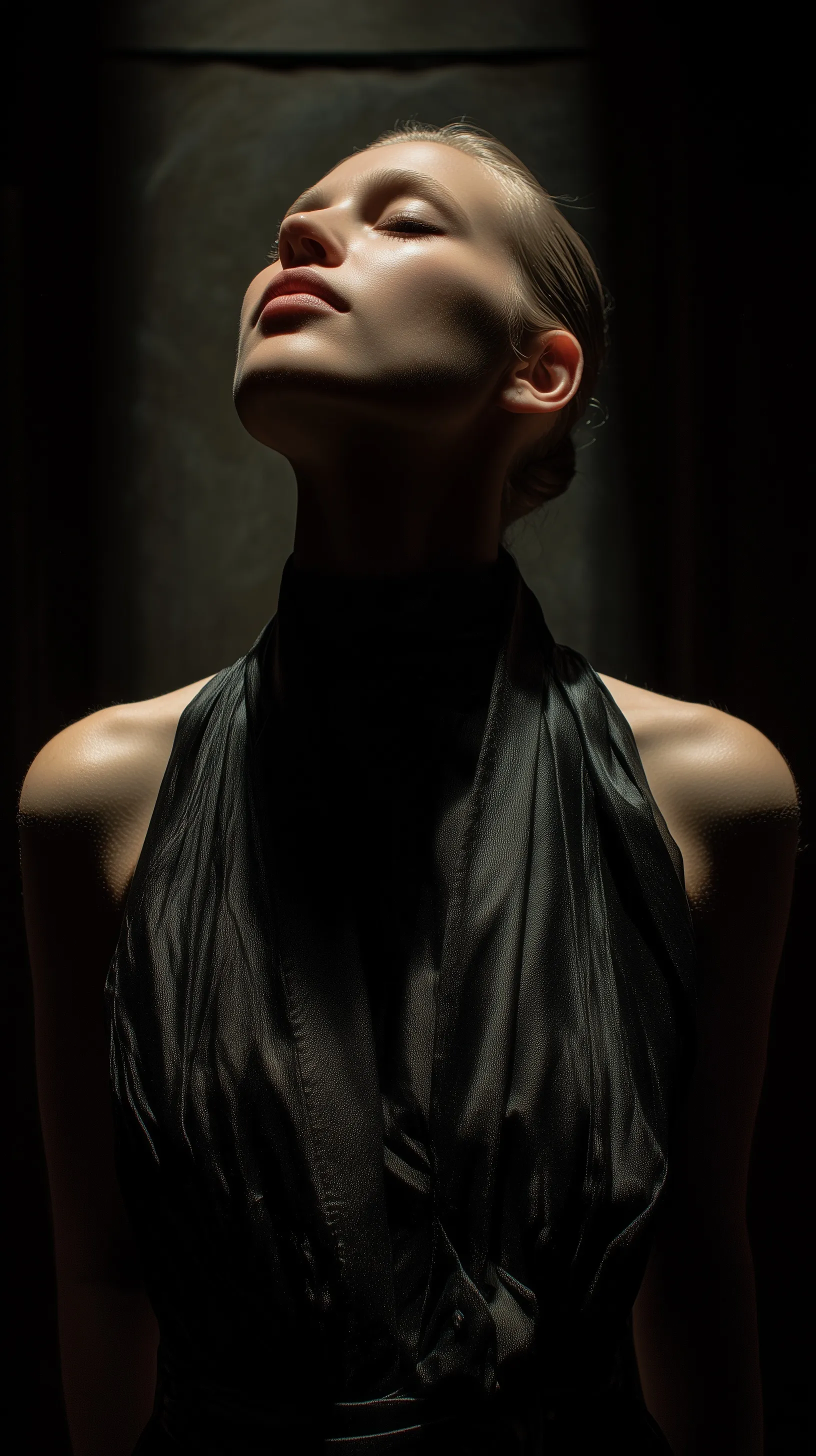 Cinematic shot of an elegant woman in chiaroscuro lighting with a surreal, mismatching shadow in a moody dark space.