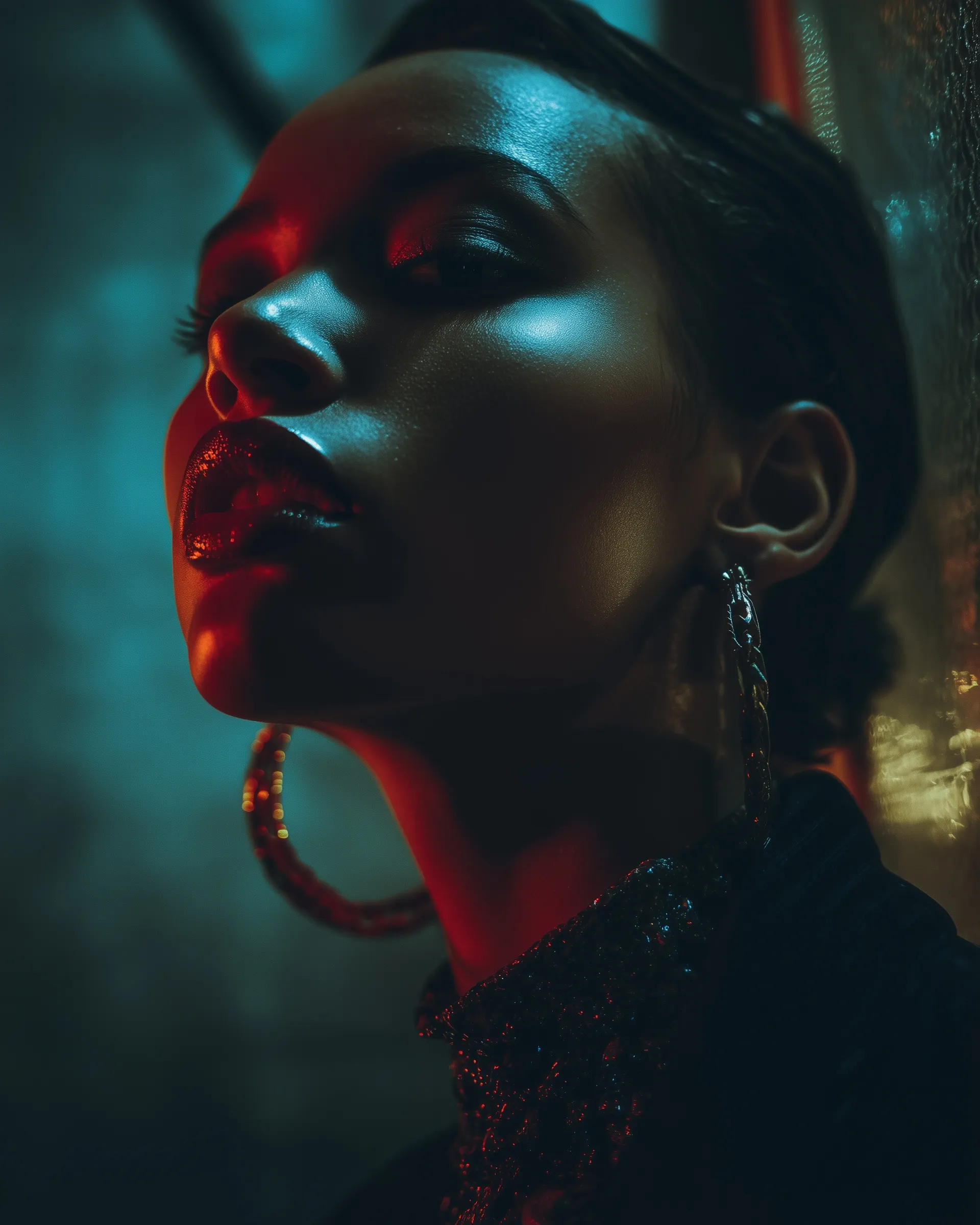 A confident woman with glossy skin and high-fashion styling illuminated by dramatic, colorful chiaroscuro lighting.