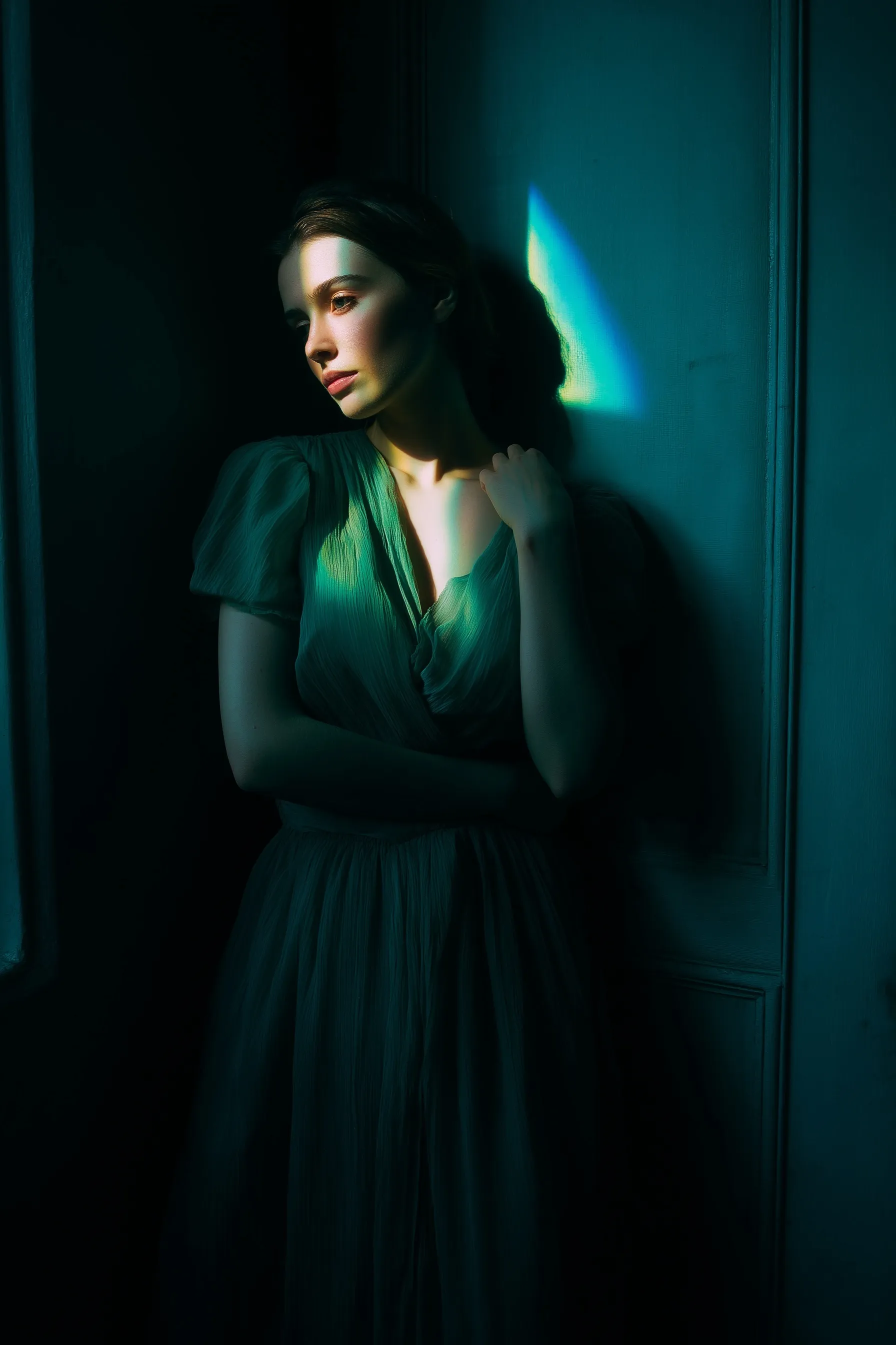 Moody cinematic portrait of a woman in a green dress with chiaroscuro rainbow lighting in a dark room.