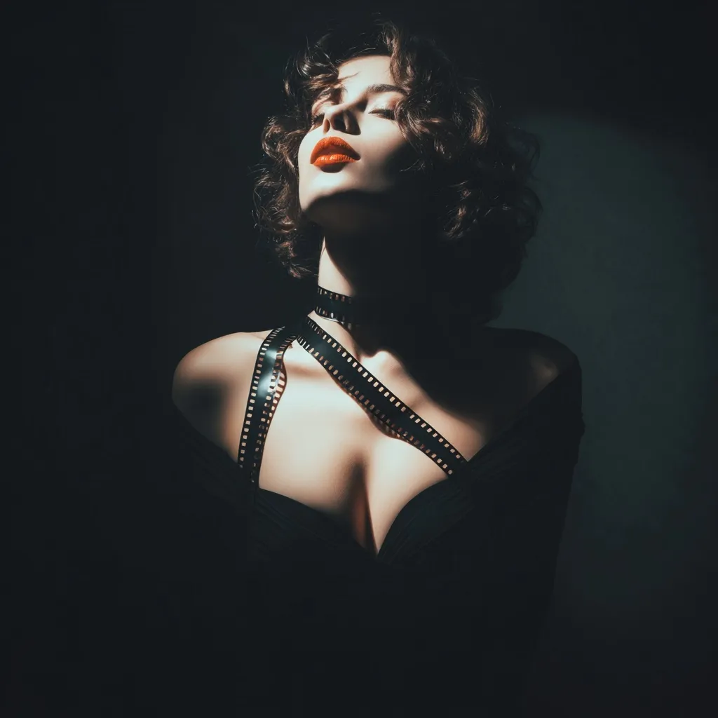 Studio portrait of a woman in a black dress wrapped in film strips, dramatic chiaroscuro lighting and orange lipstick.
