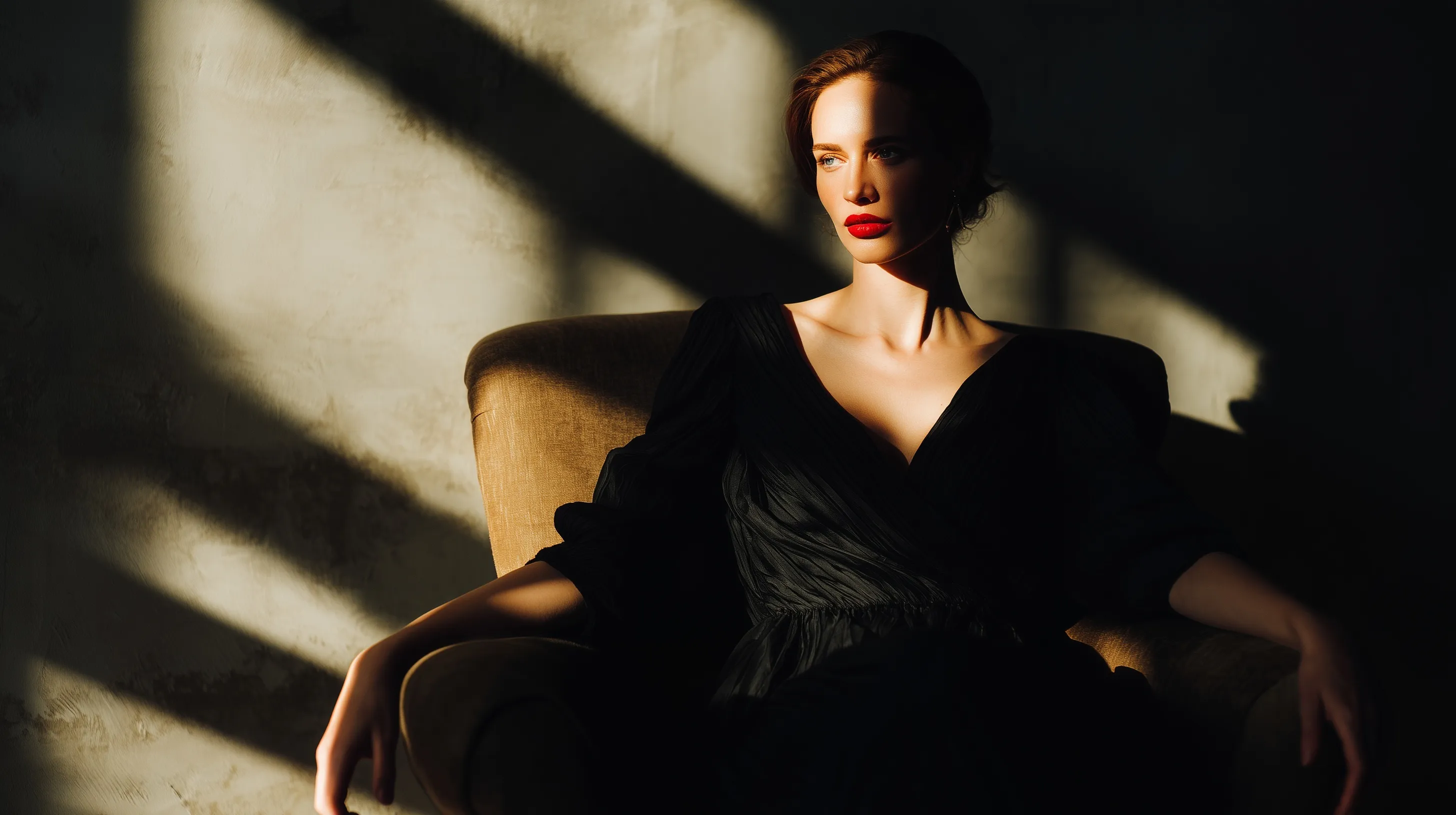 A cinematic chiaroscuro portrait of a beautiful 40-year-old woman sitting gracefully on a vintage armchair.