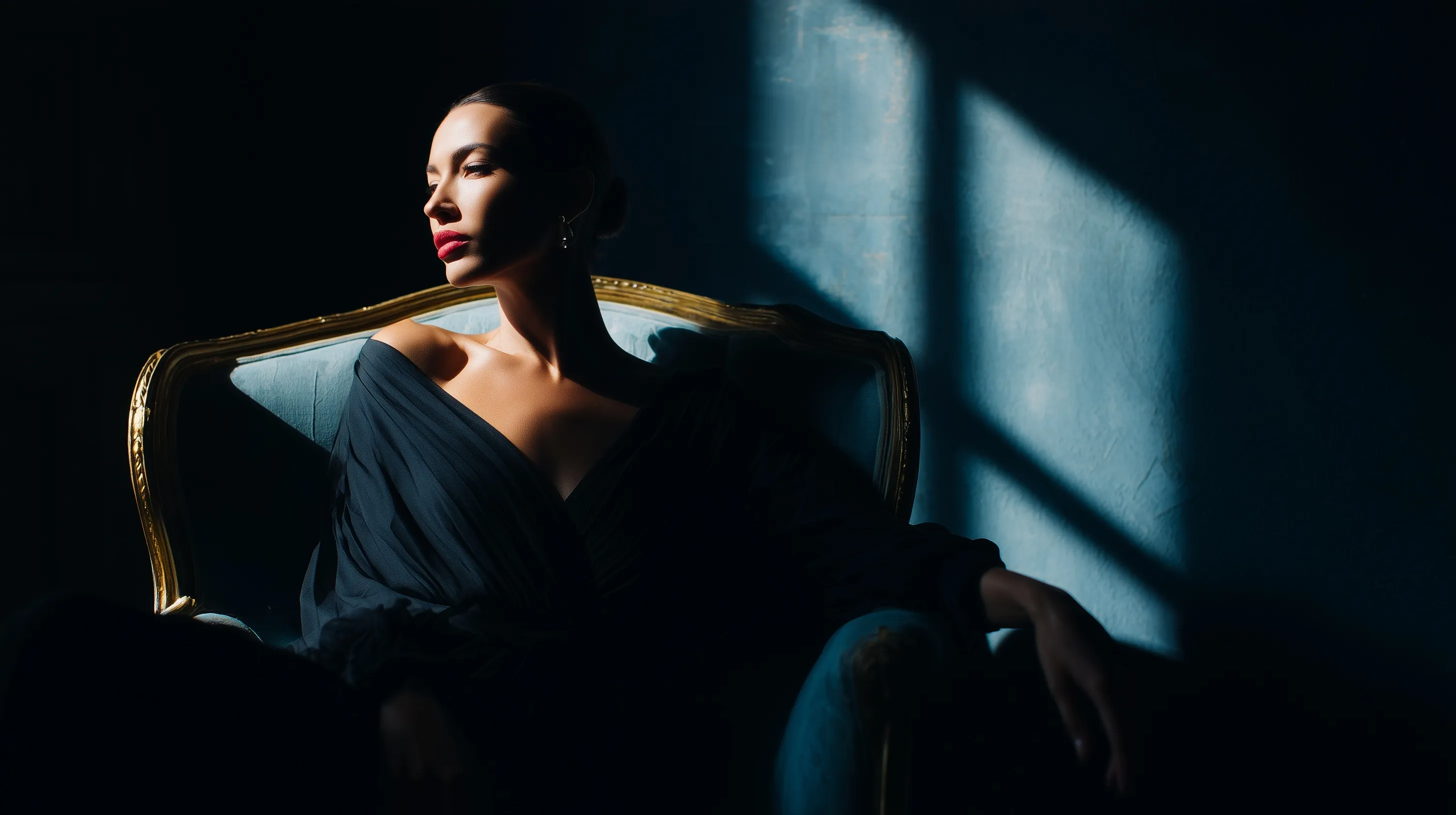 A cinematic chiaroscuro portrait of a beautiful 40-year-old woman sitting gracefully in a vintage armchair.