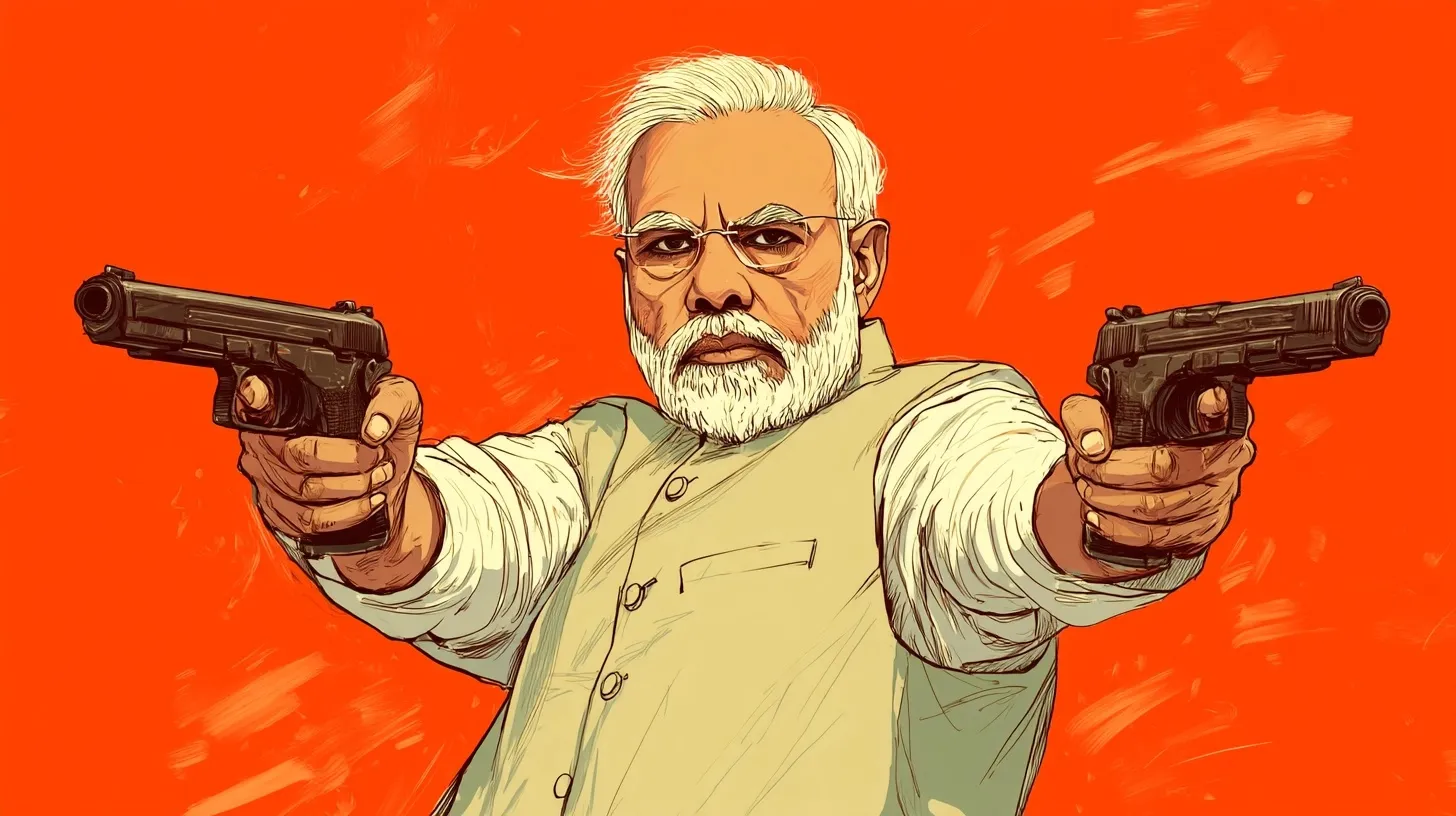 Cartoon illustration of a man resembling Narendra Modi holding two handguns in a stylized artistic portrait.