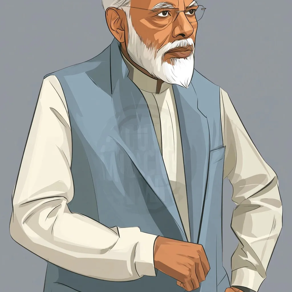 2D flat style cartoon art of Narendra Modi standing in a white kurta and waistcoat, 3/4th angle view.