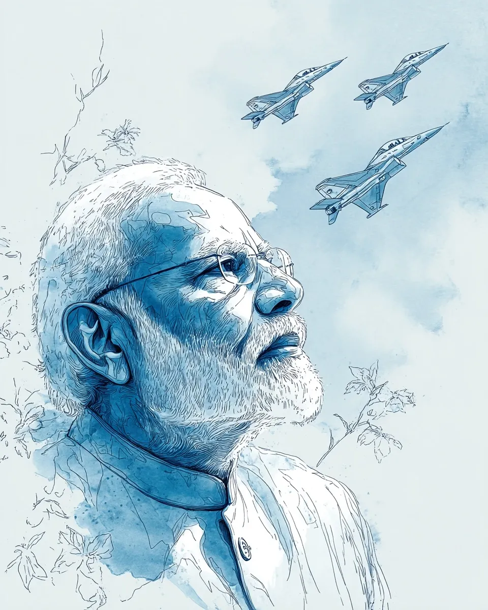 Minimalist art of PM Narendra Modi with Mirage 2000 fighter jets and flowers, ink wash and watercolor style.