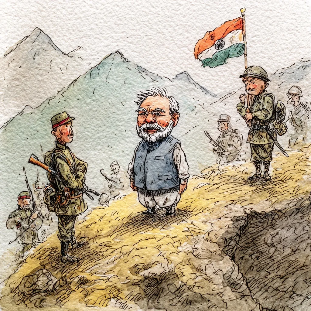 Hand-drawn political cartoon of Narendra Modi on a battlefield surrounded by foreign soldiers in watercolor style.
