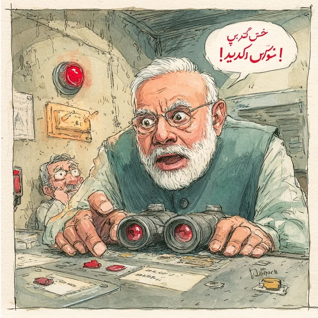 Satirical hand-drawn political cartoon of Narendra Modi pressing a button, pencil and watercolor style.