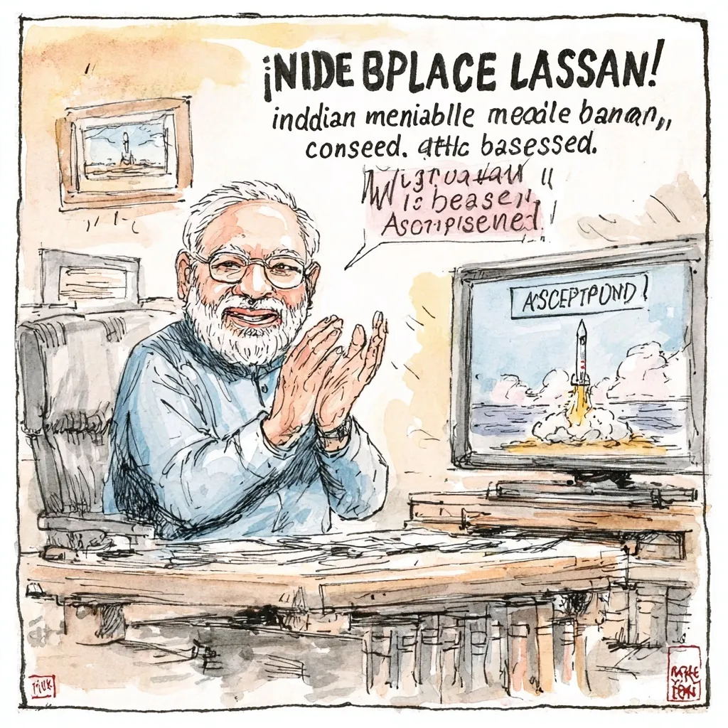 A satirical political cartoon of PM Narendra Modi clapping proudly at a humorous TV news report on a failed missile.