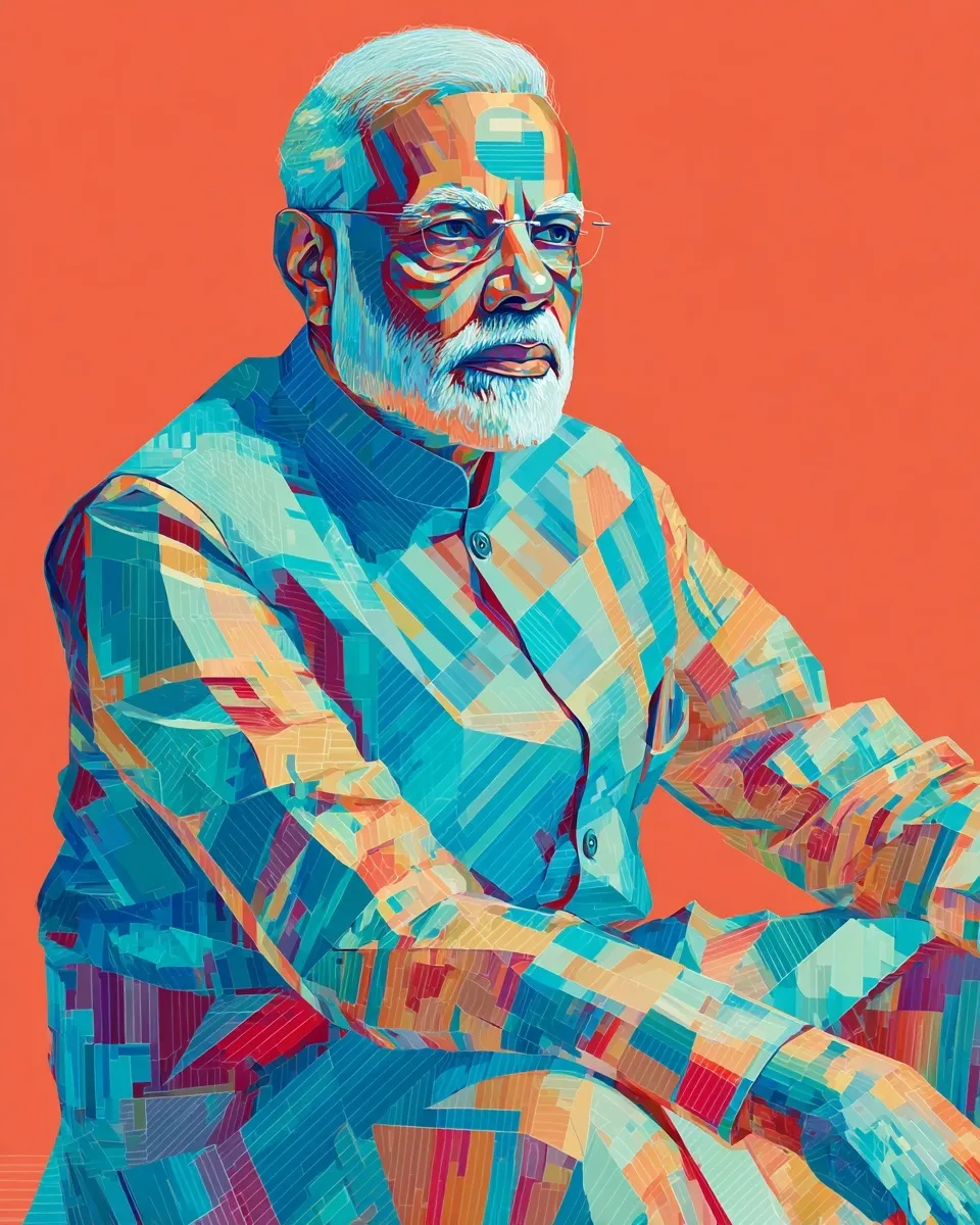 Artistic portrait of Prime Minister Narendra Modi illustrated in the intricate optical illusion style of M.C. Escher.