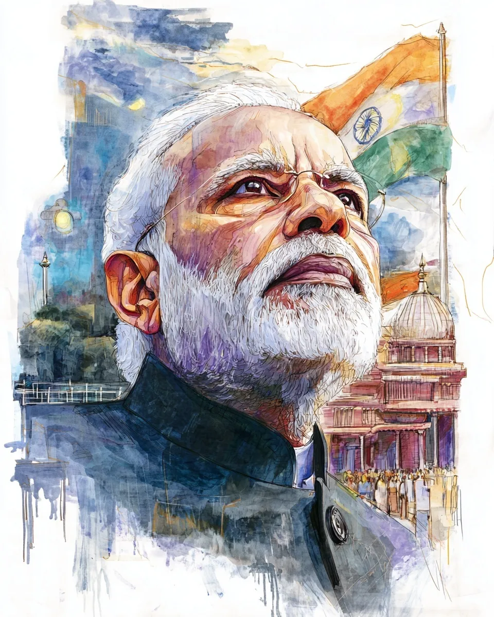 Watercolor portrait of PM Narendra Modi as a thinker in front of the Indian Parliament and national flag.