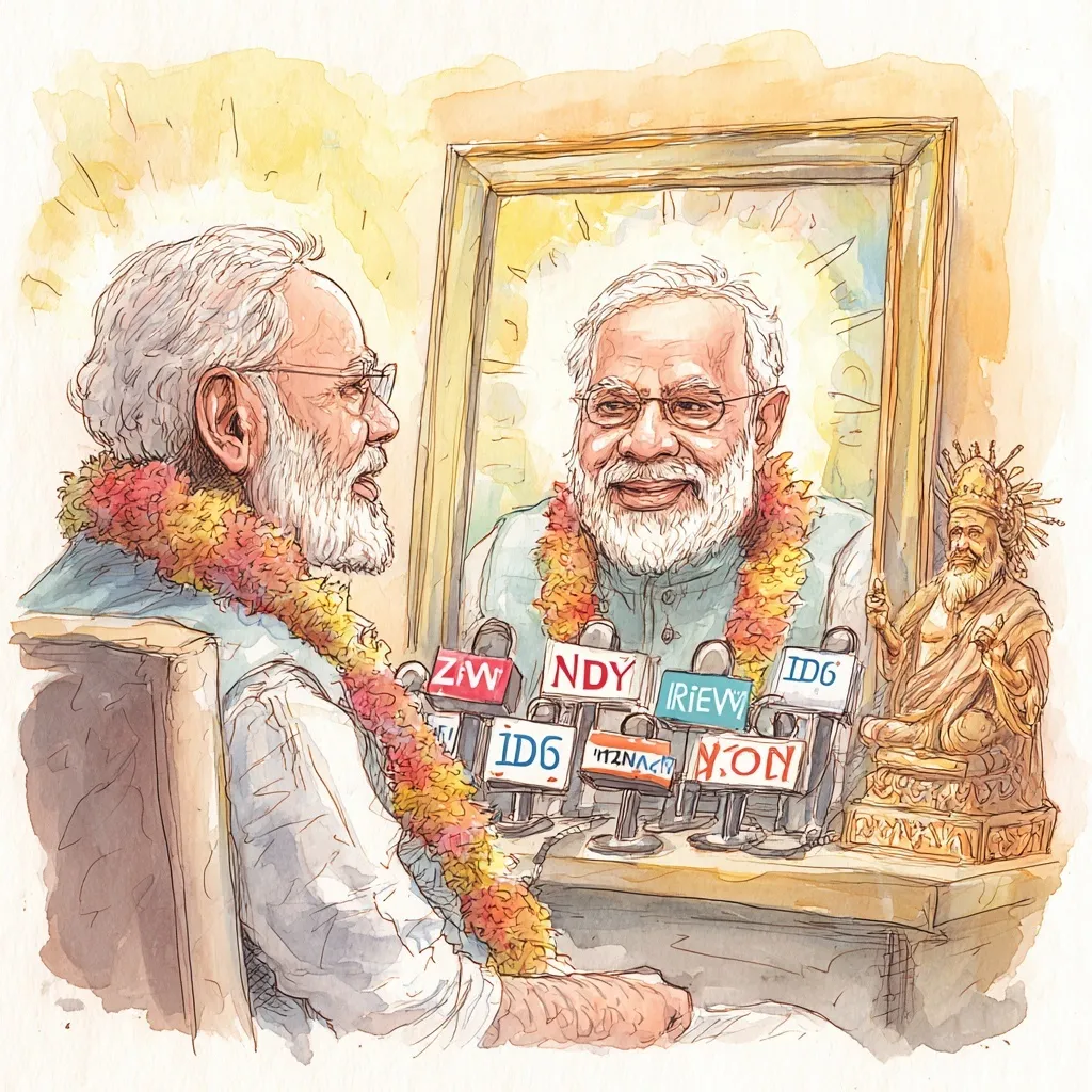 Hand-drawn political cartoon of Narendra Modi with microphone garland looking at a divine reflection in a mirror.