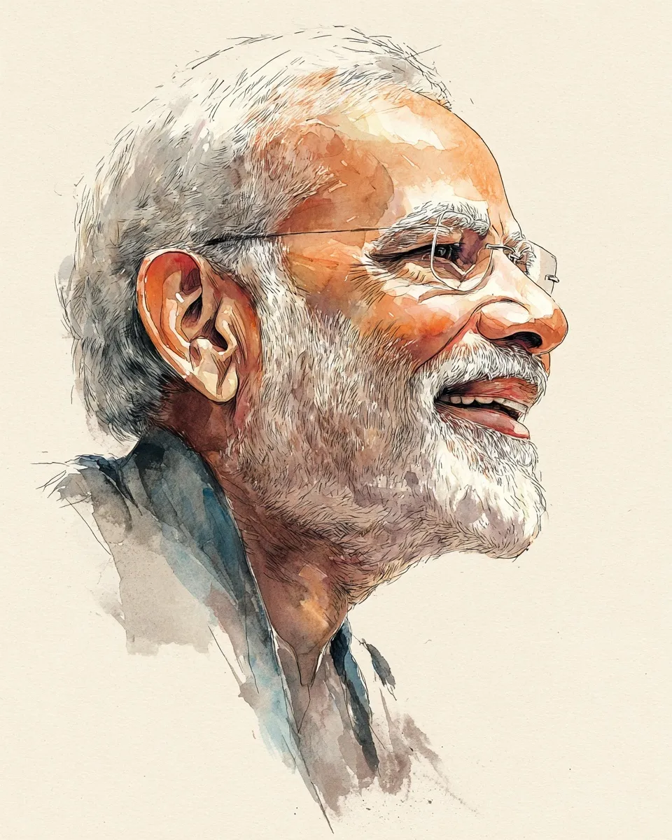 Watercolor cartoon painting of PM Narendra Modi in side profile, featuring his signature beard and a cheerful smile.