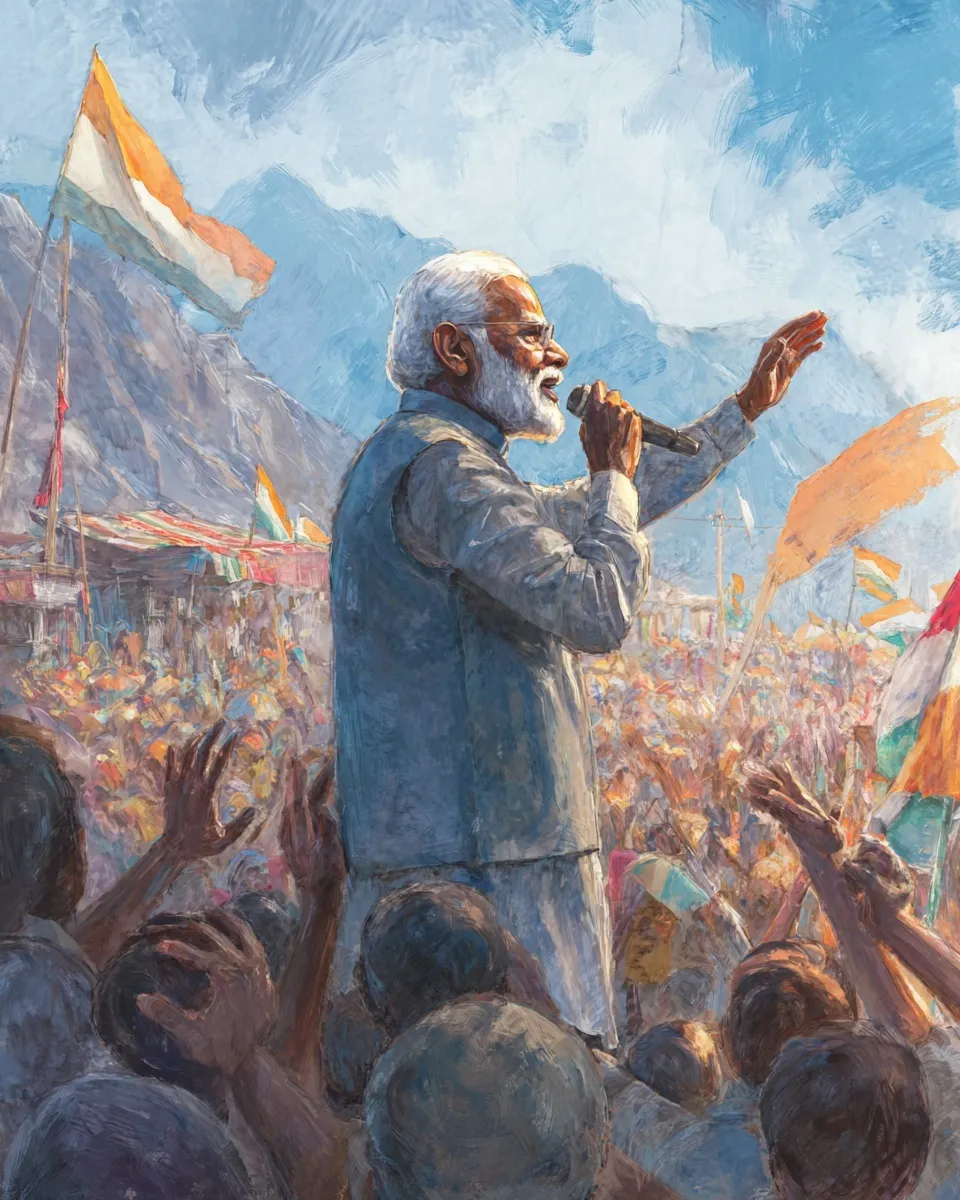 Narendra Modi cartoon art addressing a large crowd of supporters with Indian flags in a democratic scene.