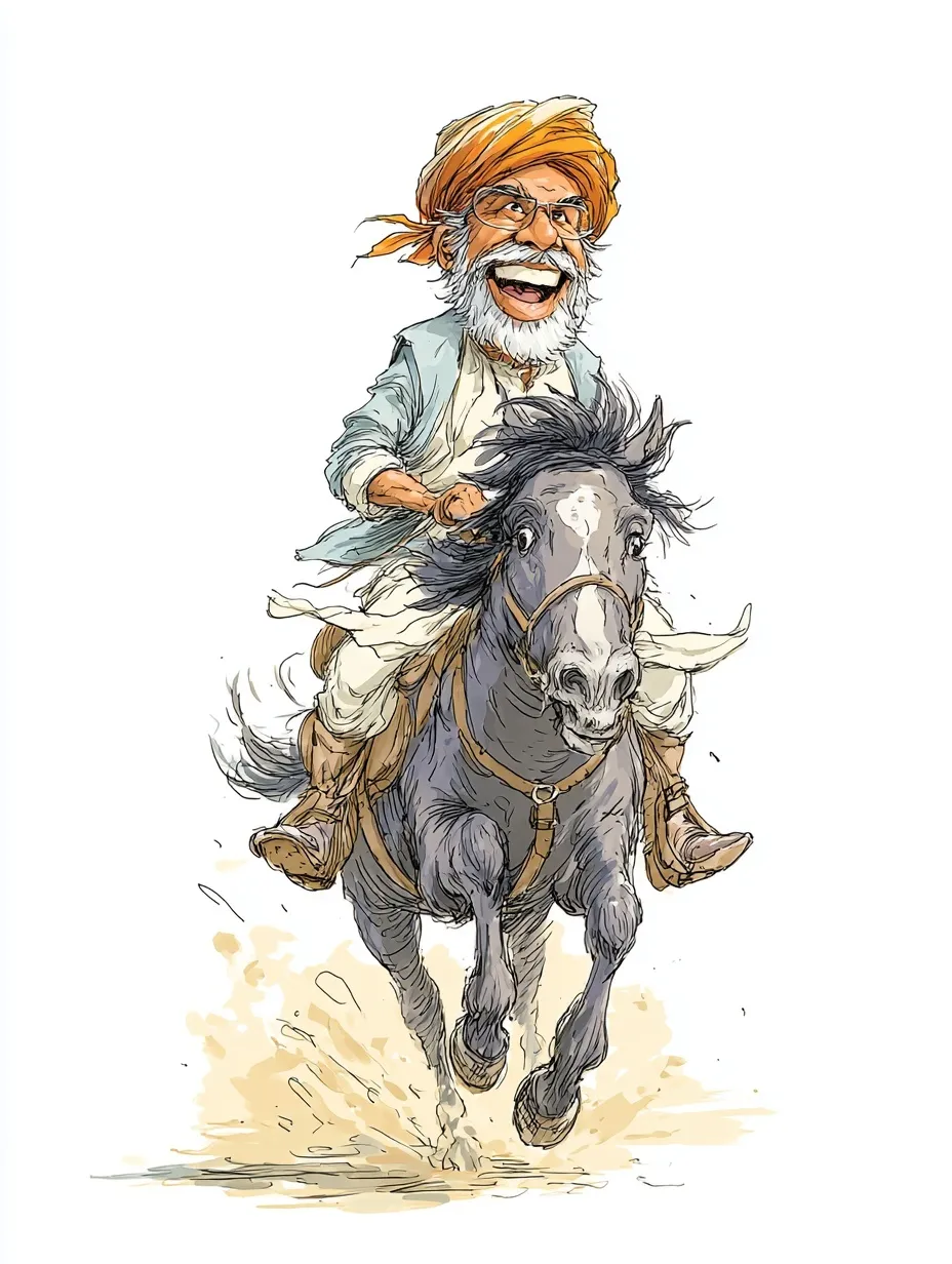 Cartoon illustration of Indian Prime Minister Narendra Modi riding a calm, gentle horse in a classic comic style.