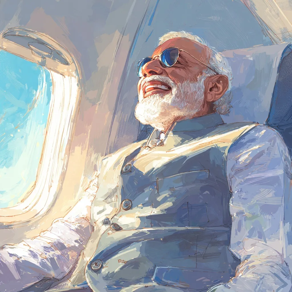 A creative digital cartoon illustration of Prime Minister Narendra Modi sitting inside an airplane cockpit.