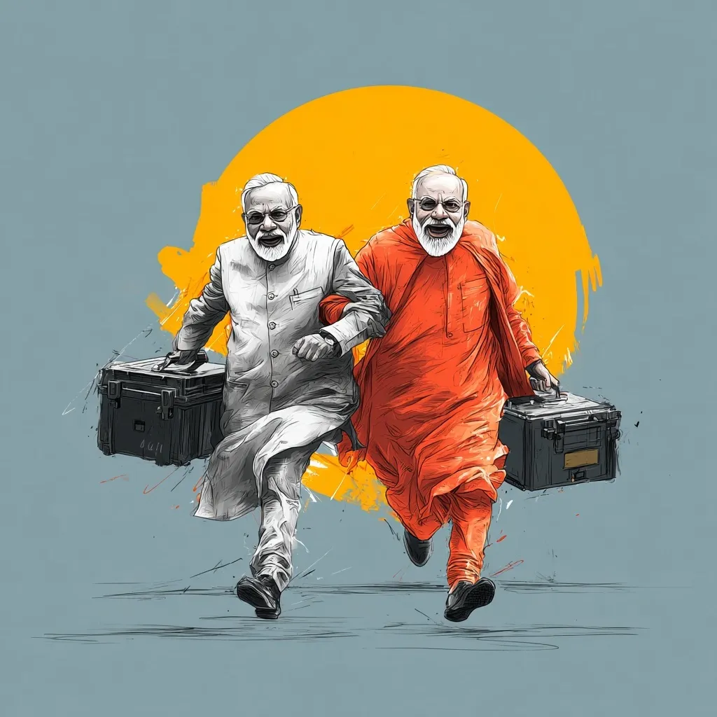 Narendra Modi and Amit Shah carrying an Electronic Voting Machine, conceptual political cartoon illustration.