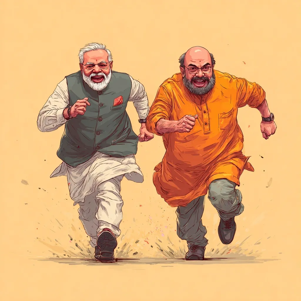 Narendra Modi and Amit Shah running together in a vibrant cartoon illustration style.