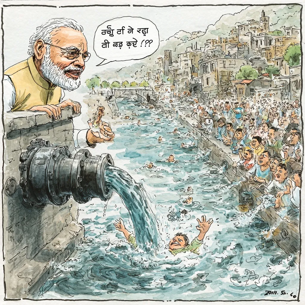 Hand-drawn political cartoon of Modi turning a water valve, causing floods in Pakistan, watercolor sketch style.