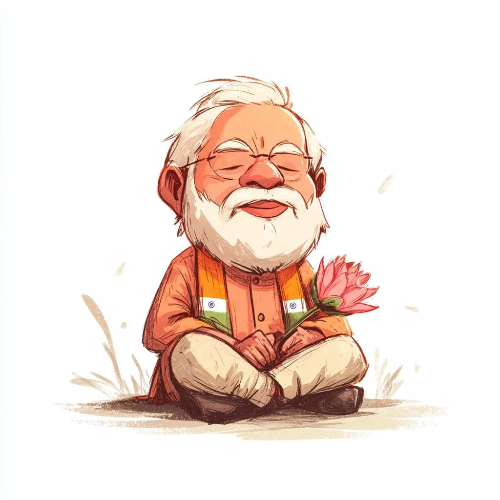 Cute Narendra Modi cartoon character in a saffron kurta holding a lotus flower, anime-style meditation pose.