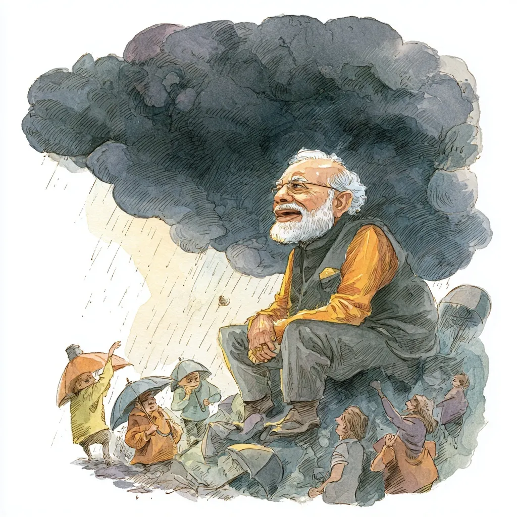 Political cartoon illustration of Narendra Modi on a storm cloud raining bombs over struggling Pakistani citizens.
