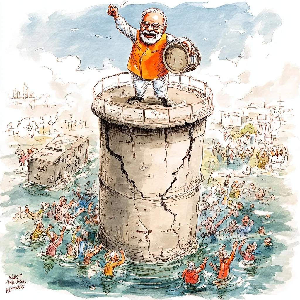 Political cartoon of Narendra Modi on a leaking water tank beating a drum, with people struggling in the flood below.