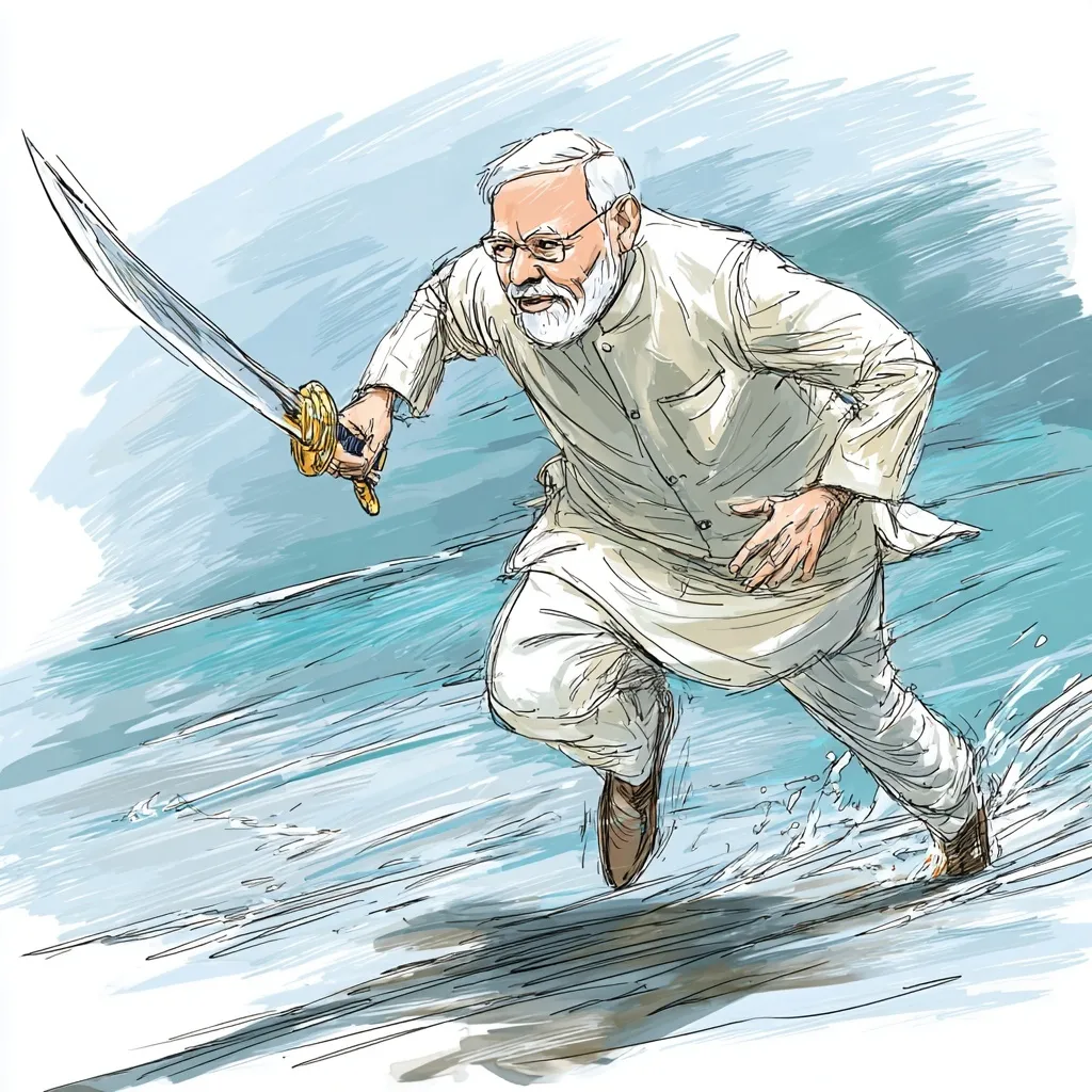 Cartoon illustration of Indian Prime Minister Narendra Modi running forward while holding a sword.