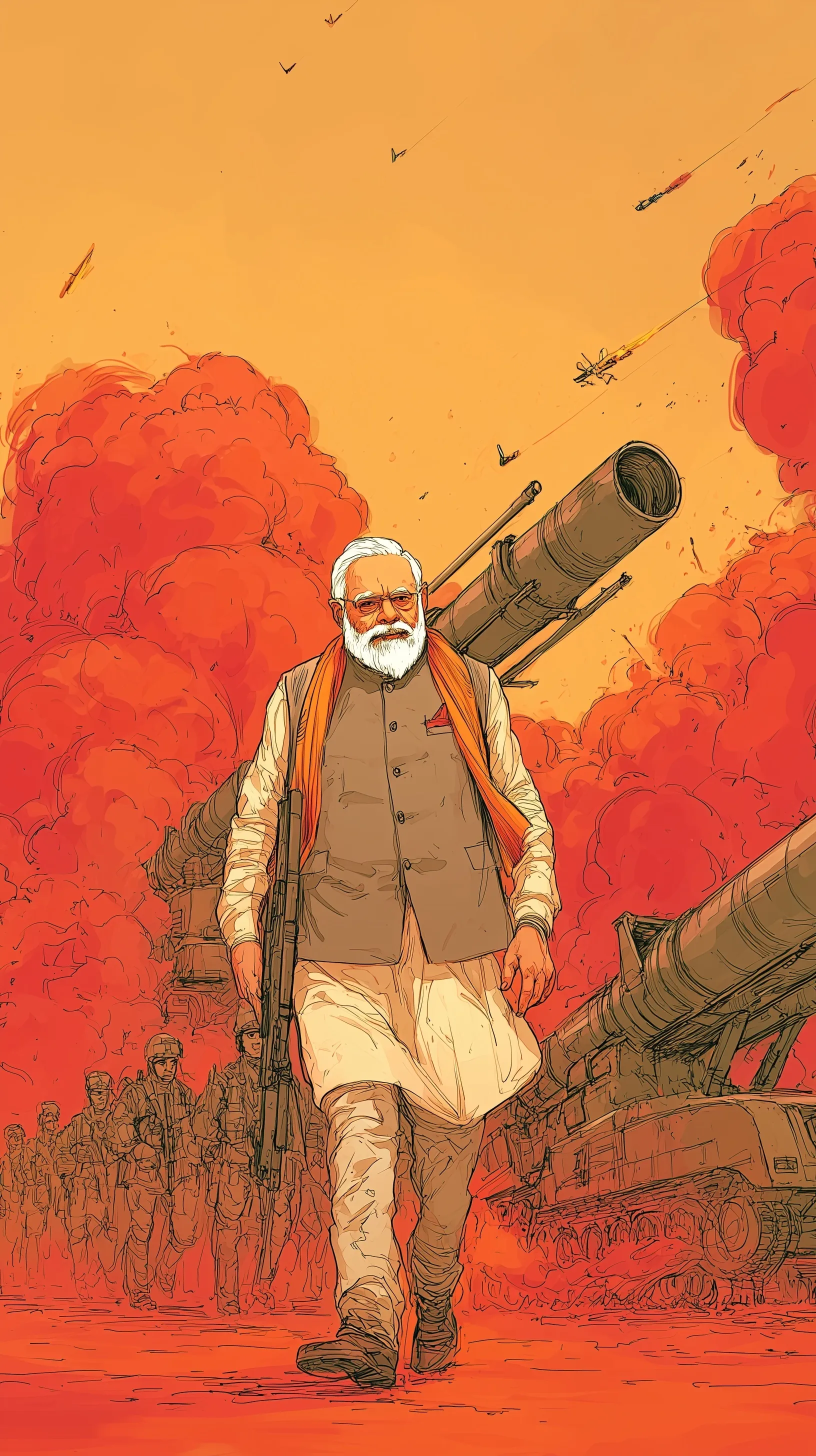 Narendra Modi cartoon art featuring military equipment and an army marching with explosions in a manga style.