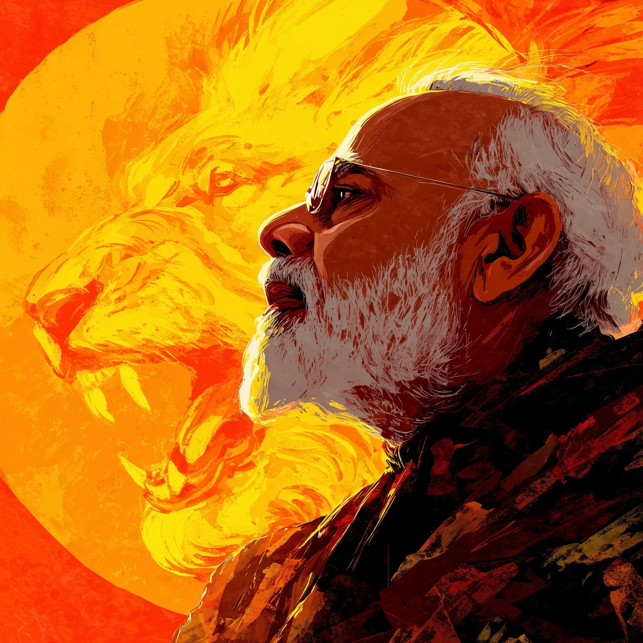 Side profile illustration of Narendra Modi in a dramatic, epic Elden Ring-inspired avant-garde propaganda poster.