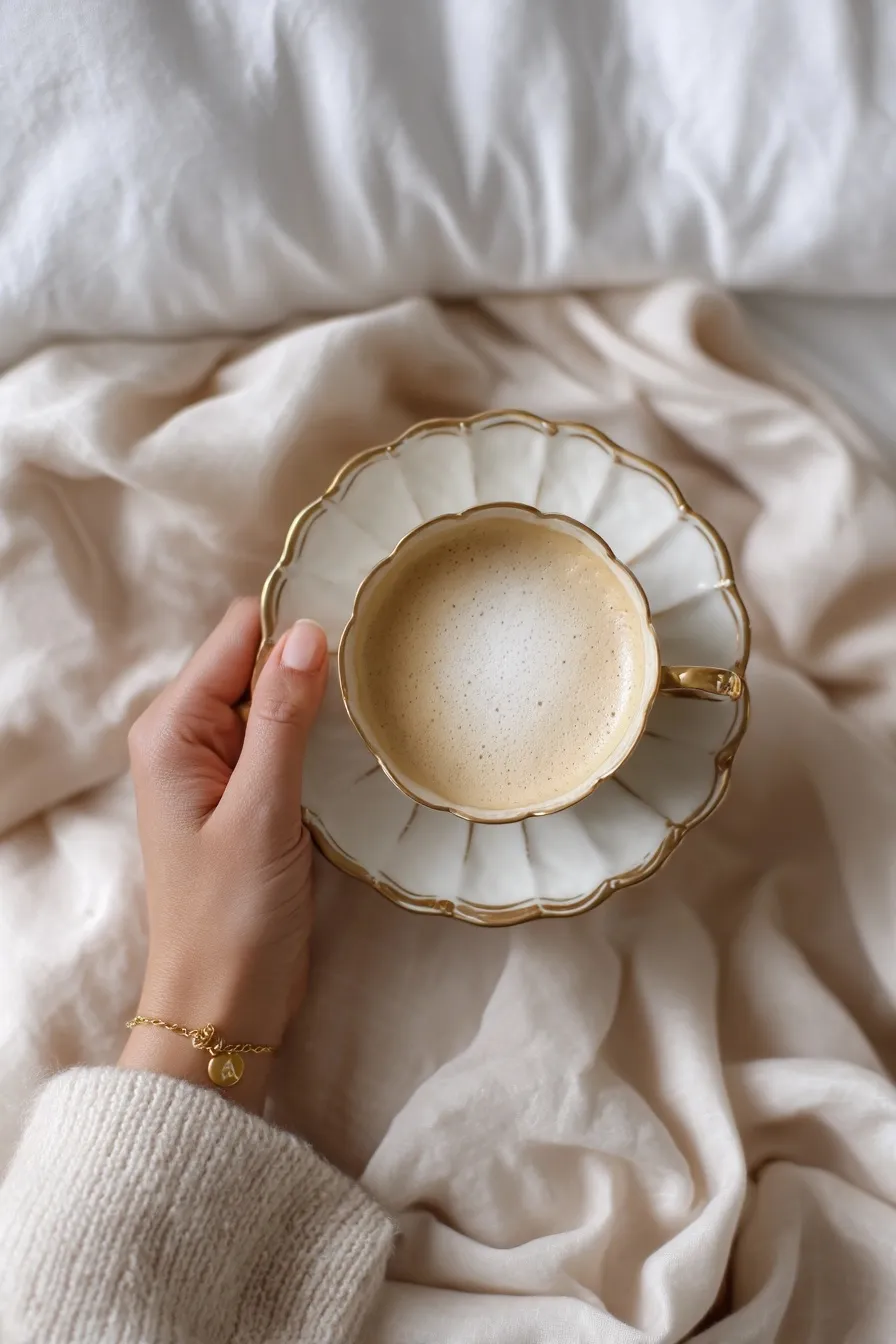A feminine hand holding a scalloped cappuccino cup with gold rim, wearing a cozy ivory cashmere sweater.