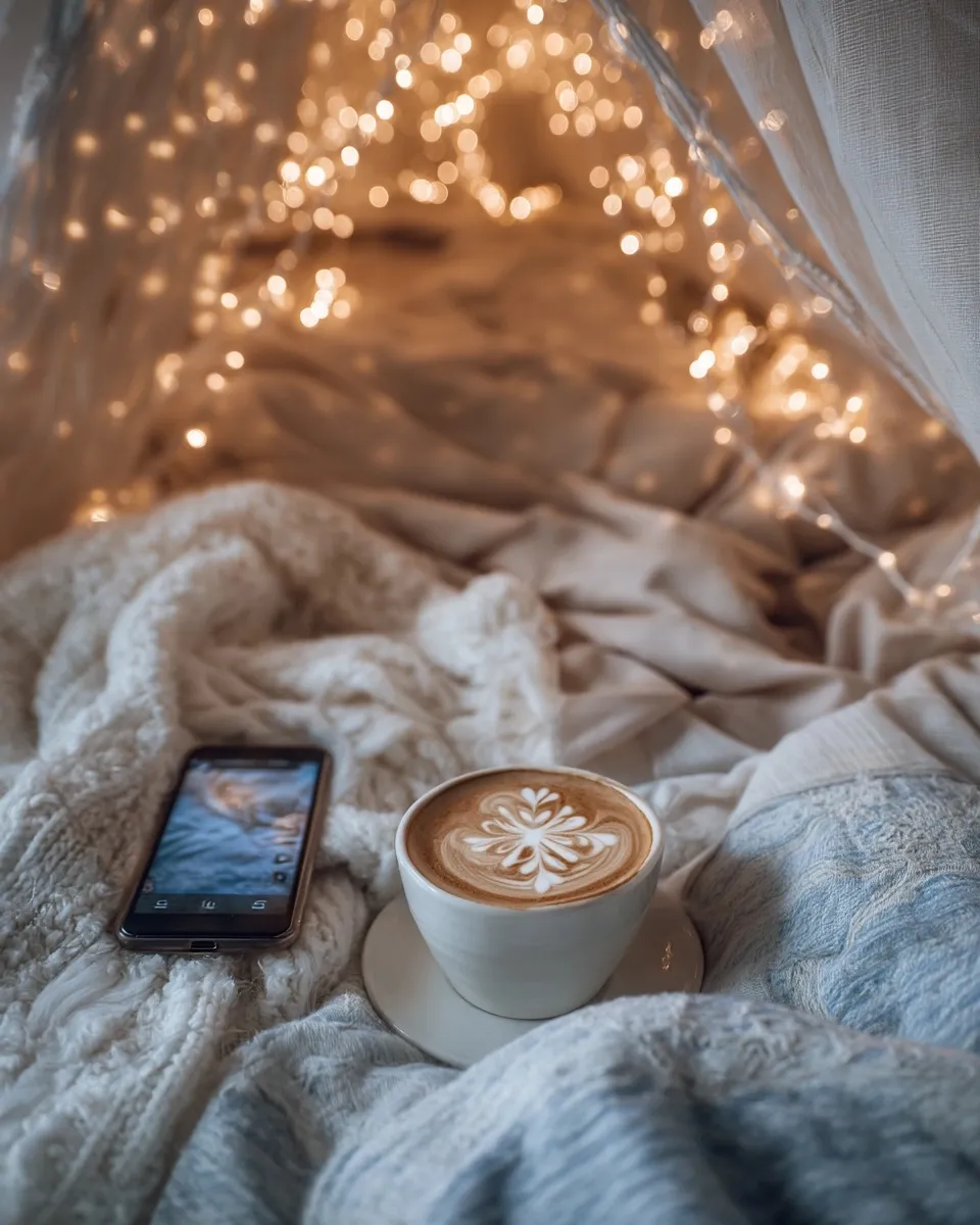 A cozy morning coffee scene featuring latte art with a snowflake design inside a warm, fairy-lit blanket fort.