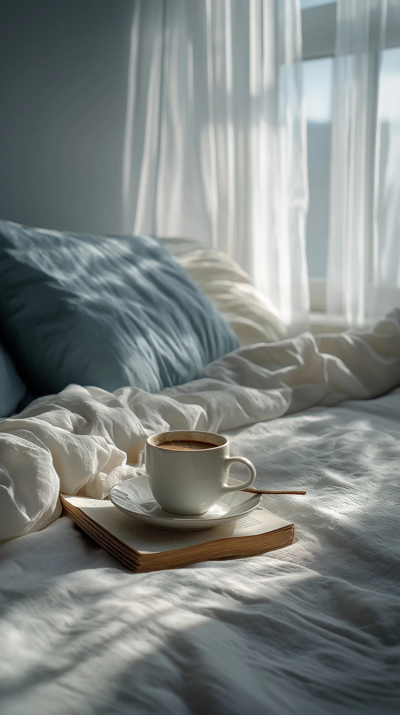 Steaming cup of coffee on a neatly made bed in a sunlit, cozy bedroom with soft white and blue linens.