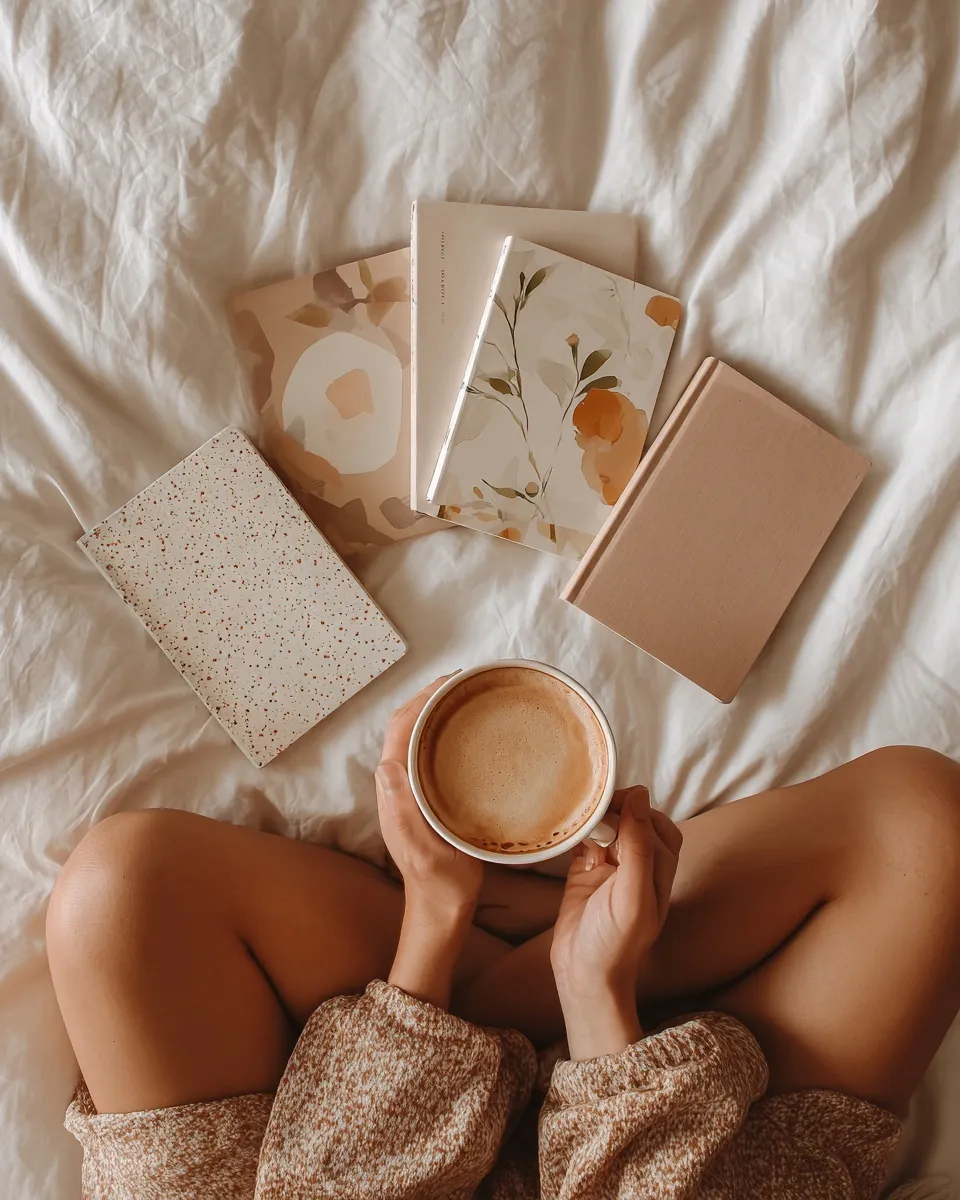 A woman sitting on a bed with a cup of coffee and a semi-circle arrangement of aesthetic journals.
