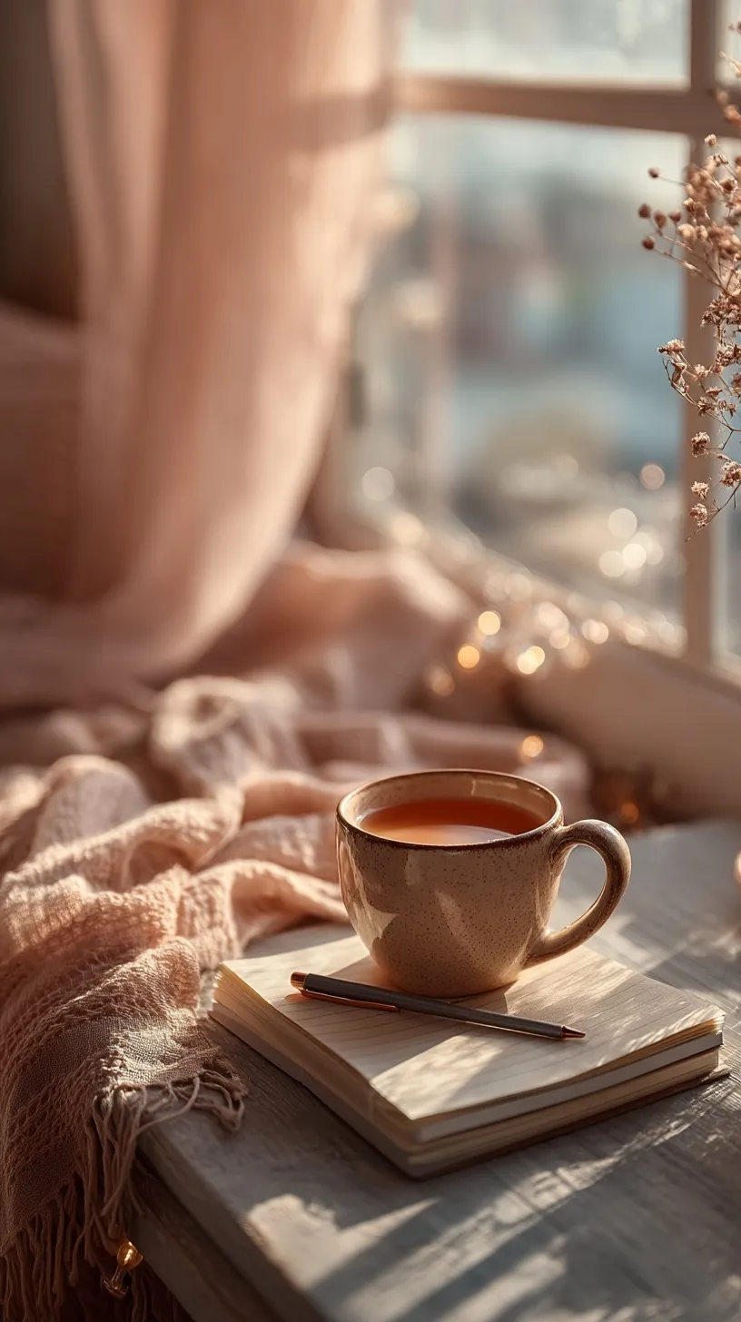 A cozy morning coffee scene on a sunlit windowsill with a journal, pen, and aesthetic pastel beige decor.