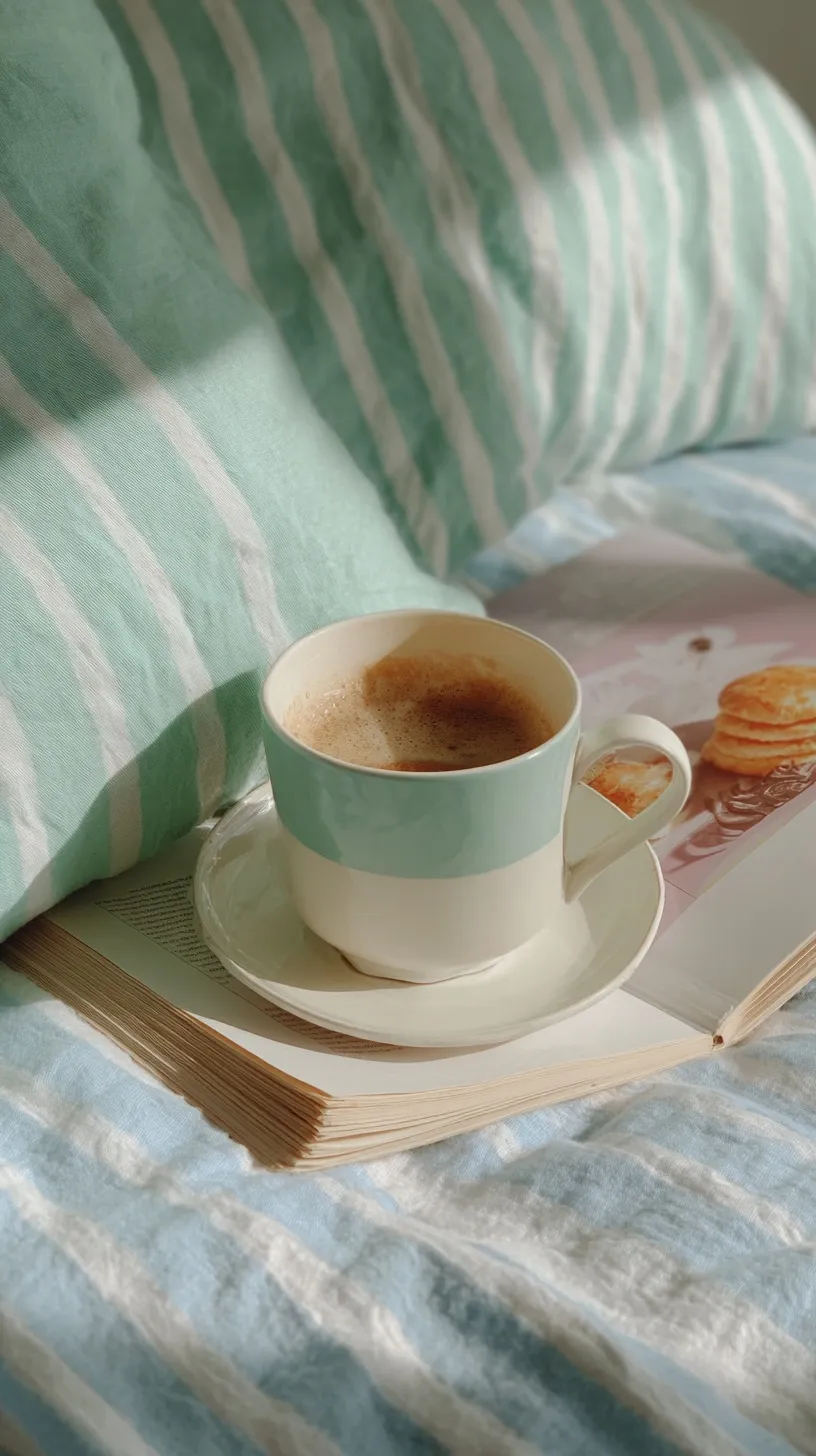 Cozy morning coffee in bed with a book, magazine, and blue-striped sheets in a bright, relaxed bedroom setting.