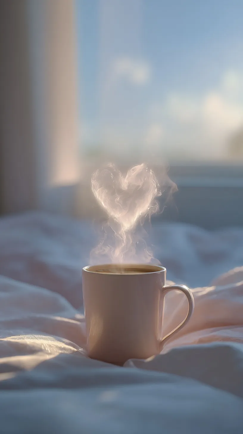 Dreamy pastel coffee cup on a white bed with heart-shaped steam rising in warm morning light.