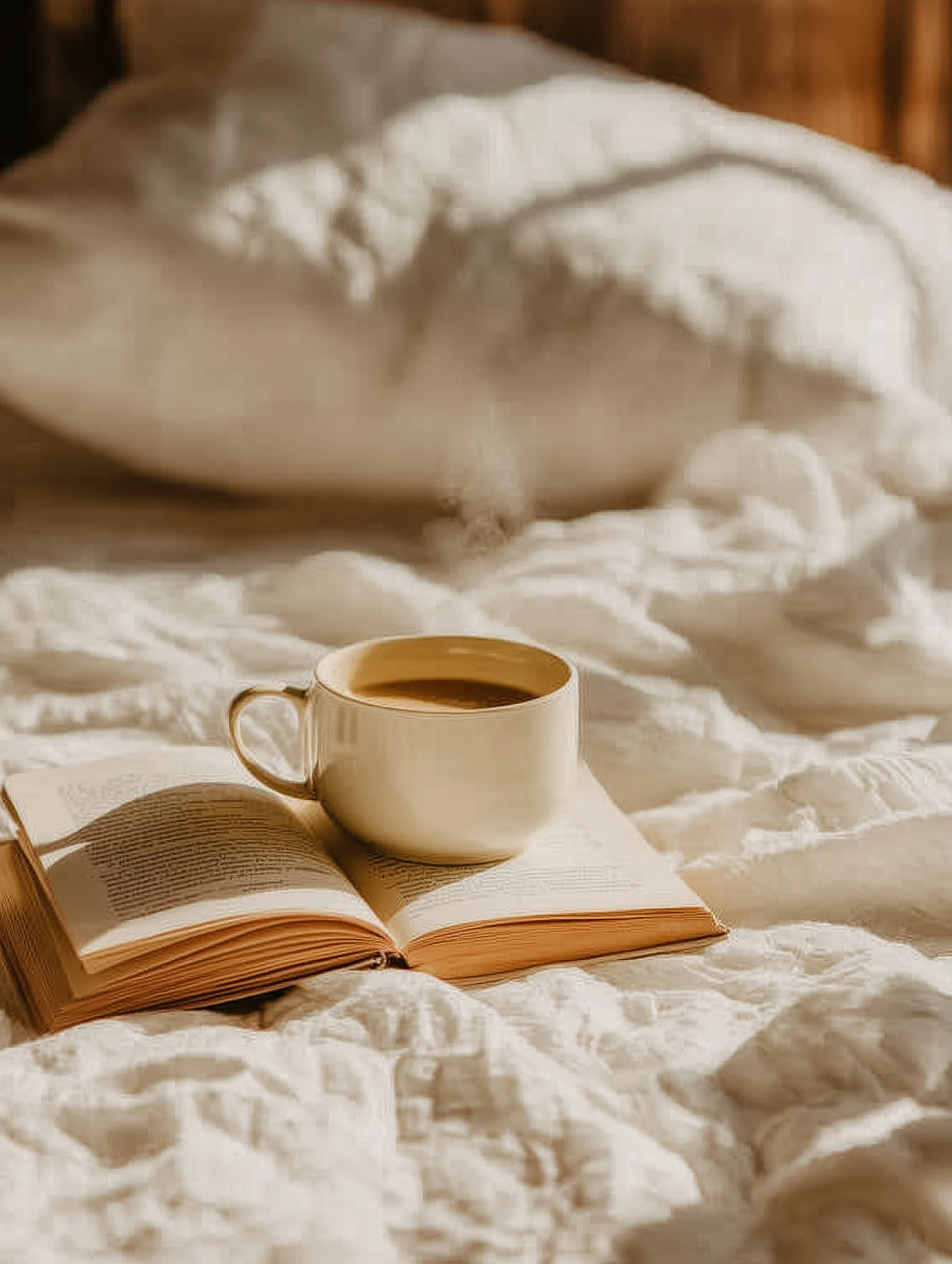 Morning coffee aesthetic with an open book on white linen bedding in a minimalist bedroom with soft autumn sunlight.