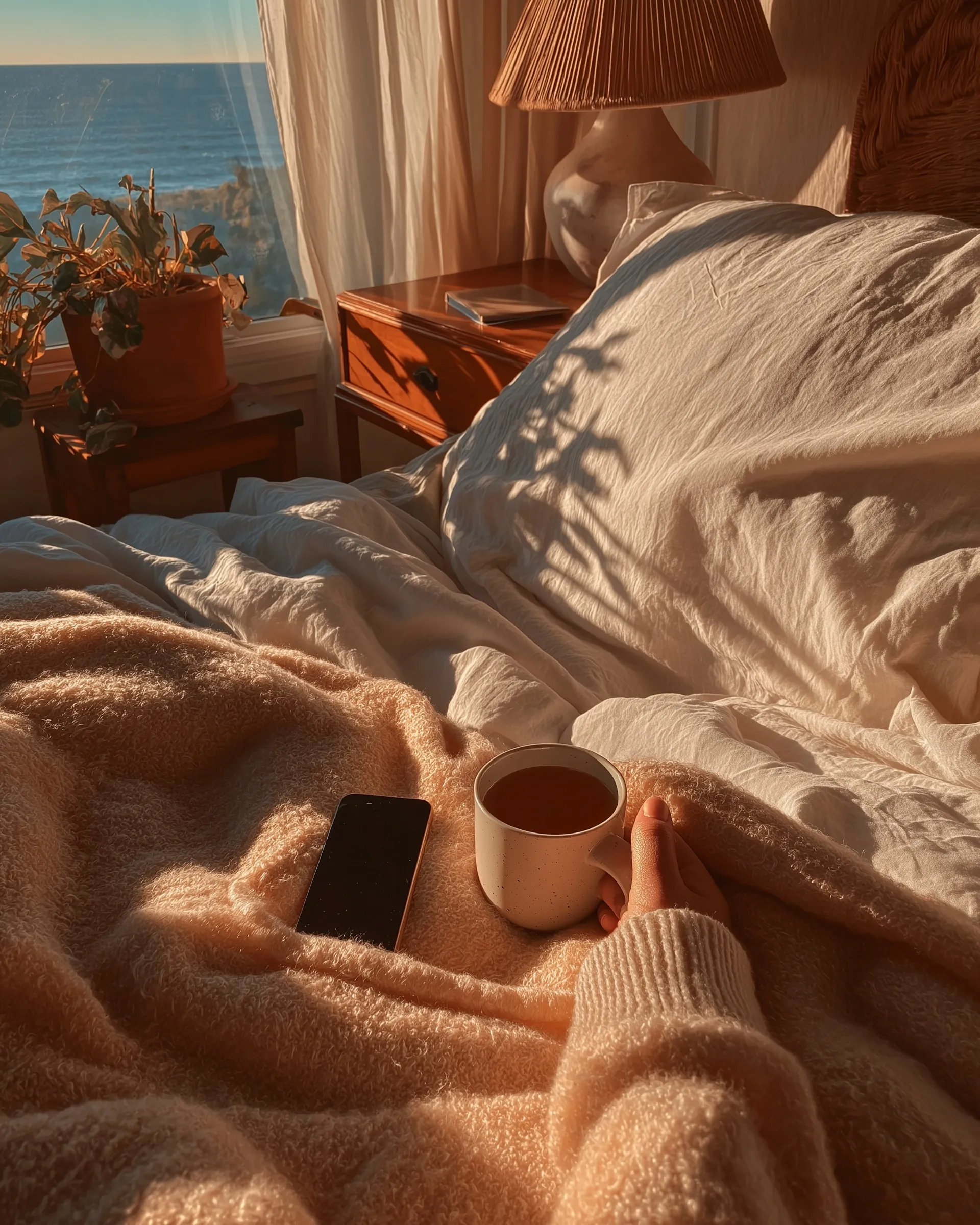 A relaxed hand reaching for a smartphone in a sunlit cozy minimalist bedroom with soft morning light.