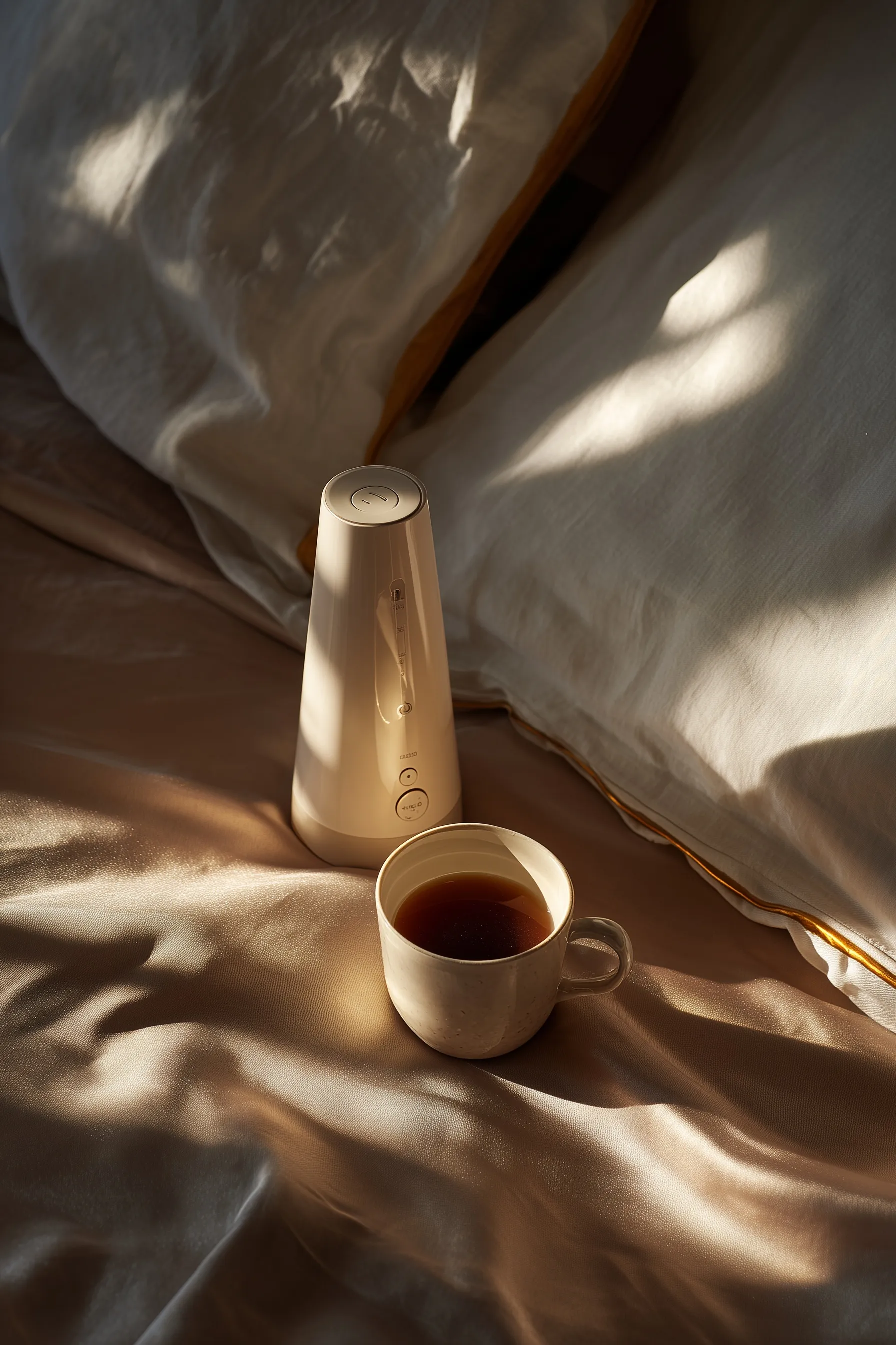 Ivory metronome and steaming tea on a bedside table with morning sunlight casting golden waves on satin fabric.