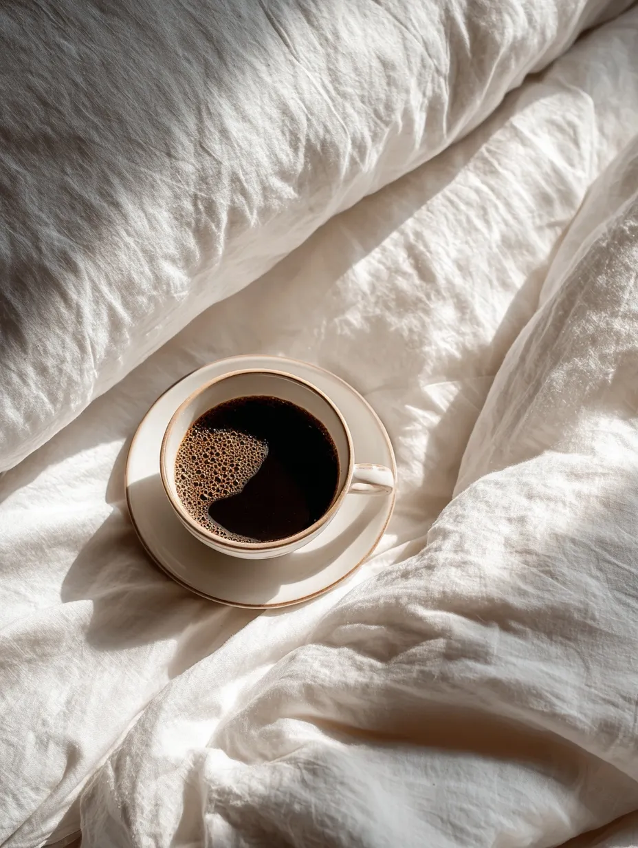 A top-down view of a cup of coffee placed on crisp white bed linens in soft morning sunlight.