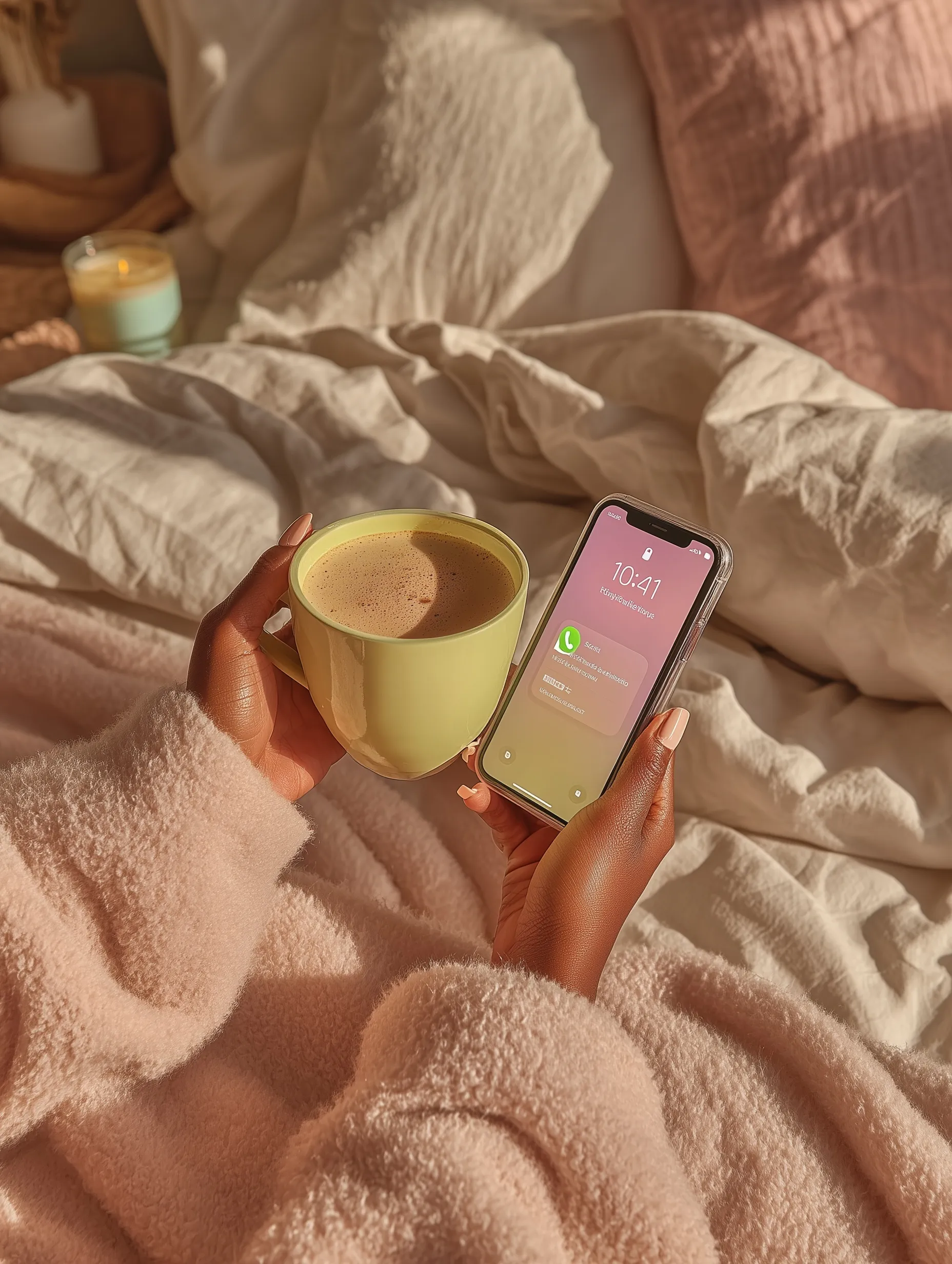 Woman holding a pastel lime coffee mug and iPhone in a cozy bedroom with cool-toned lavender and aqua lighting.