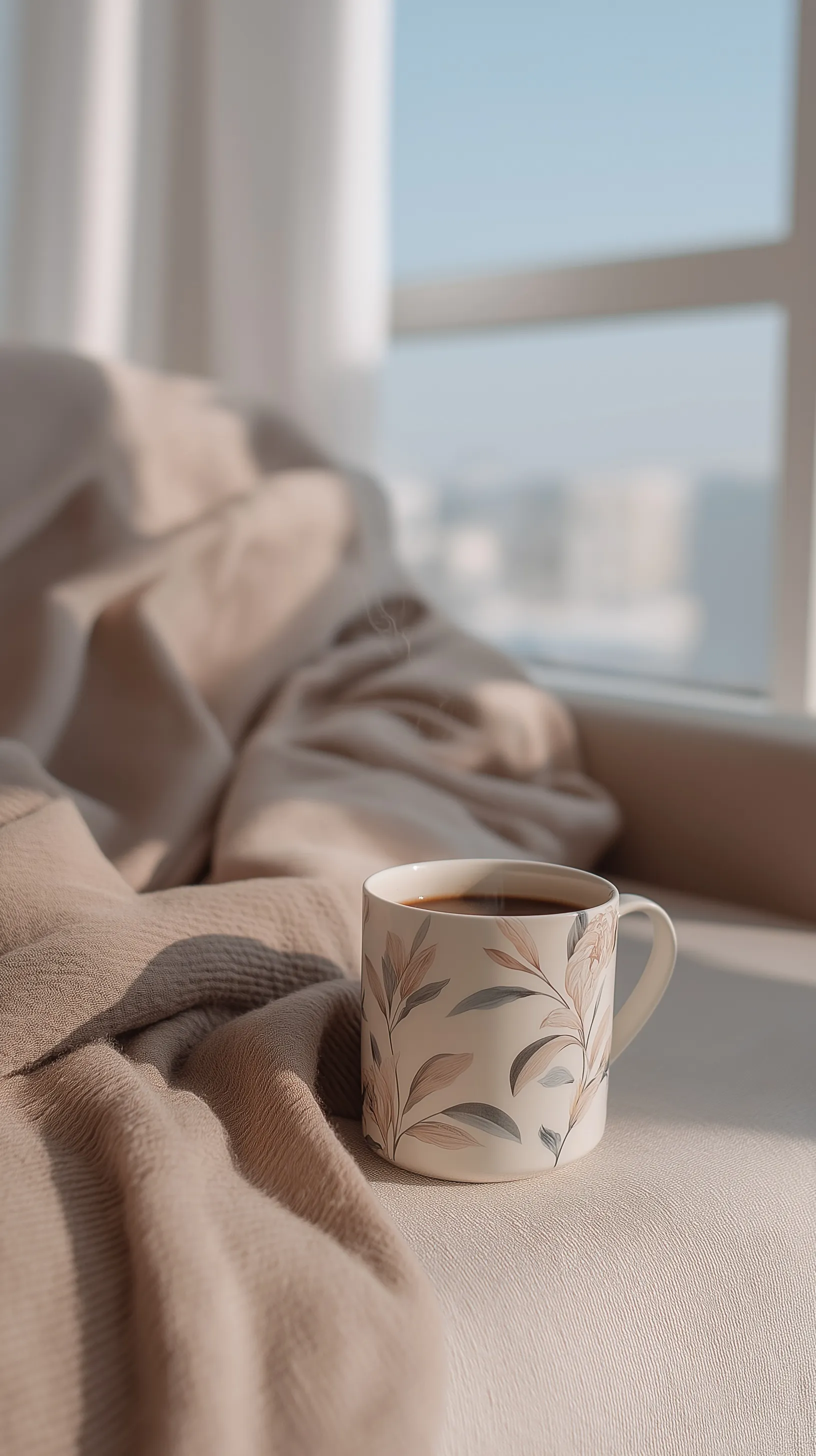 A person relaxing with hot tea in a minimalist Saudi apartment with soft winter morning light and floral bedding.