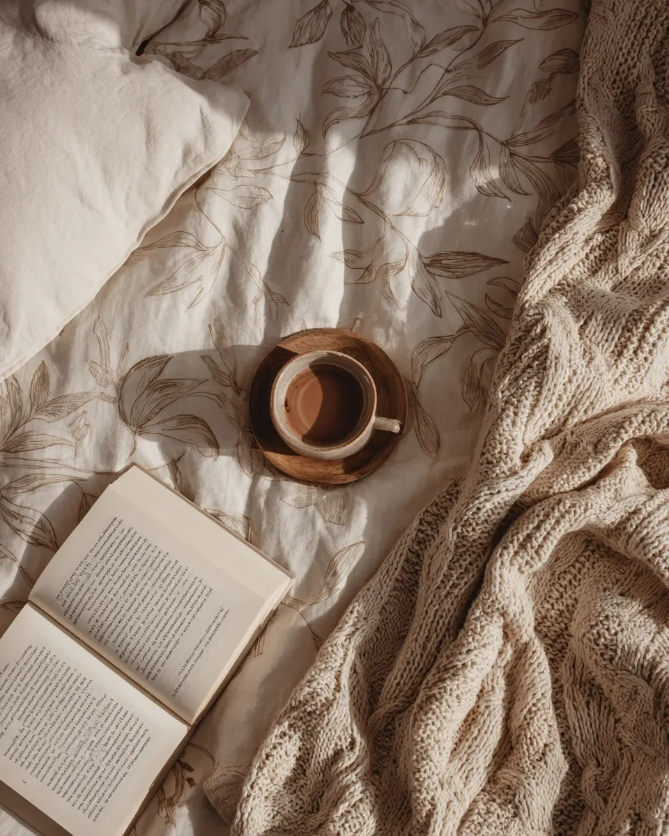 Cozy morning coffee flatlay with a book and knitted blanket on linen bedding in natural window light.