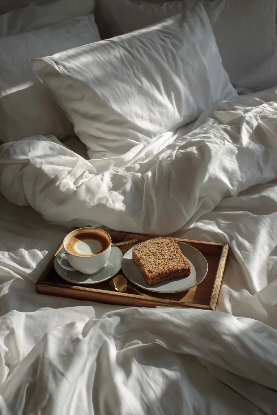 Morning coffee tray with cappuccino and wholewheat rusk on messy white bed sheets, top-down view.